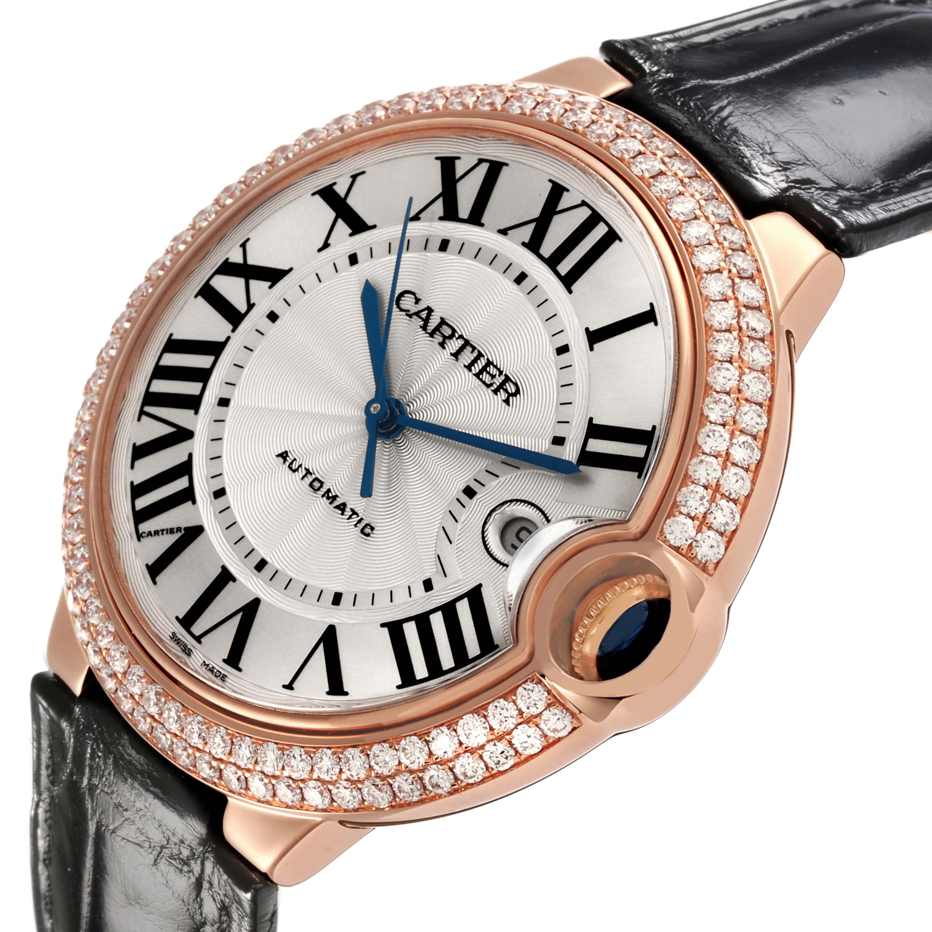 The Cartier Ballon Bleu WE900851 Men's Rose Gold Silver Dial WE900851 Men's Rose Gold Silver Dial watch is shown at a slight angle displaying the face, bezel with diamond accents, and crown with the strap.
