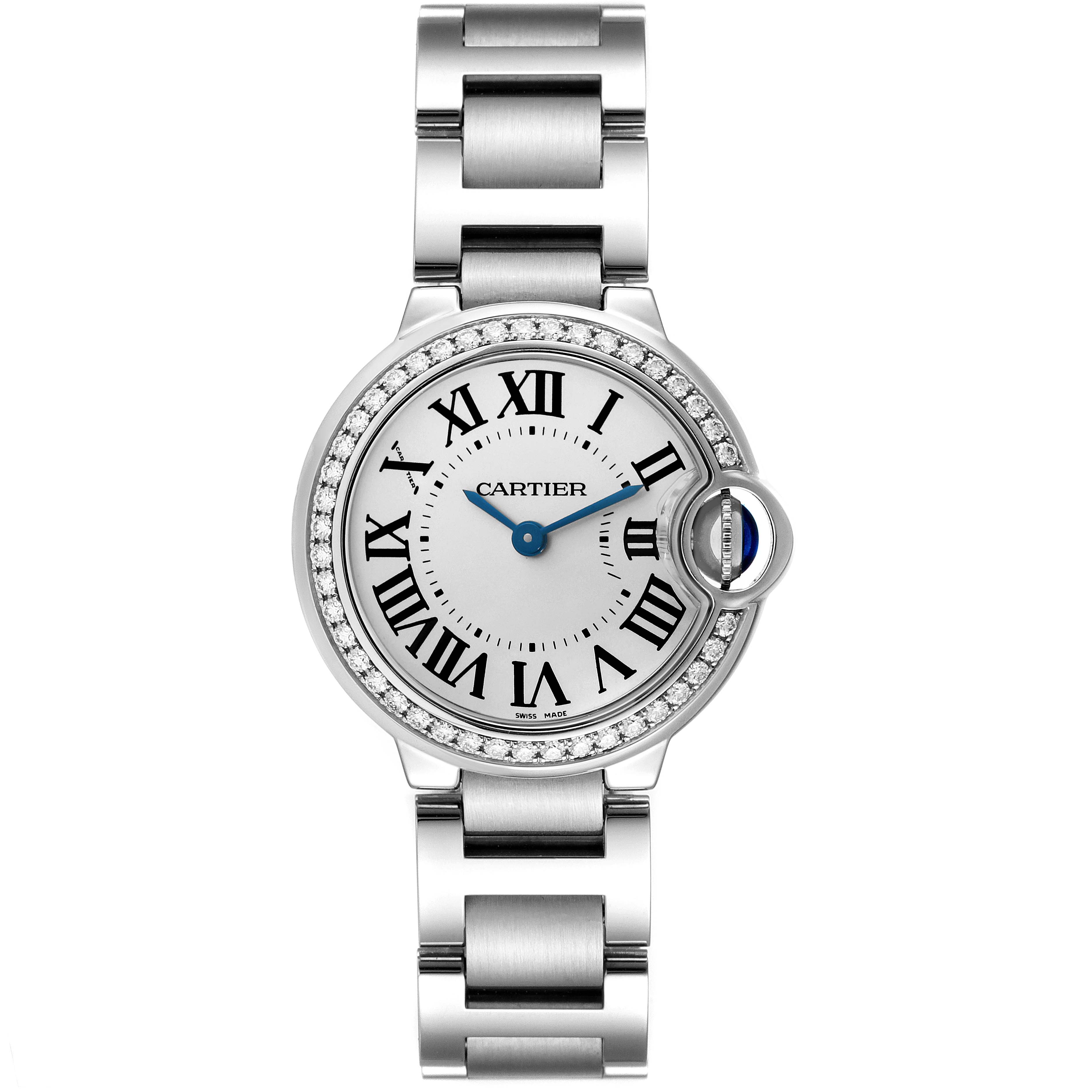 The Cartier Ballon Bleu W4BB0015 Women's Stainless Steel Silver Dial W4BB0015 Women's Stainless Steel Silver Dial watch is shown from a top-down view, highlighting its face, bracelet, and diamond-set bezel.