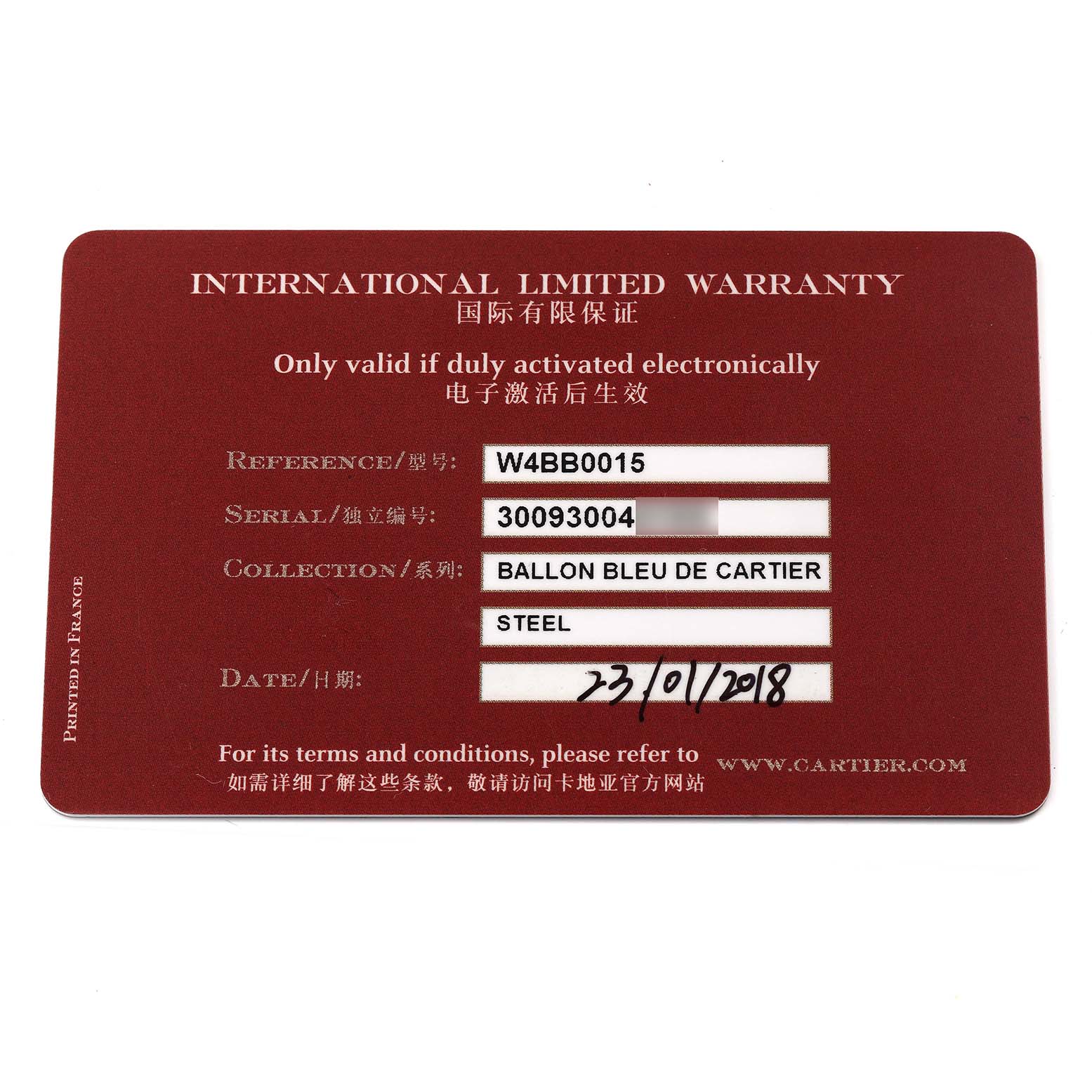 The image shows a warranty card for the Ballon Bleu de Cartier watch model.