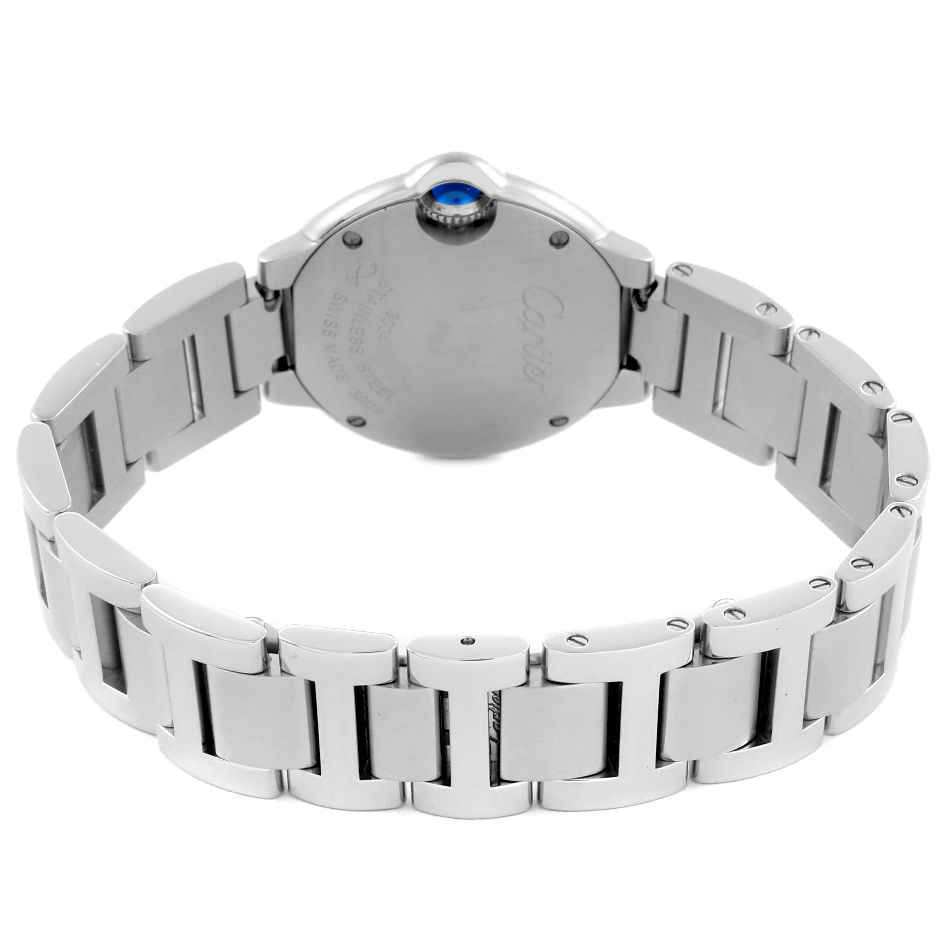 The image shows the back view of the Cartier Ballon Bleu W4BB0015 Women's Stainless Steel Silver Dial W4BB0015 Women's Stainless Steel Silver Dial watch, highlighting the bracelet and case back.