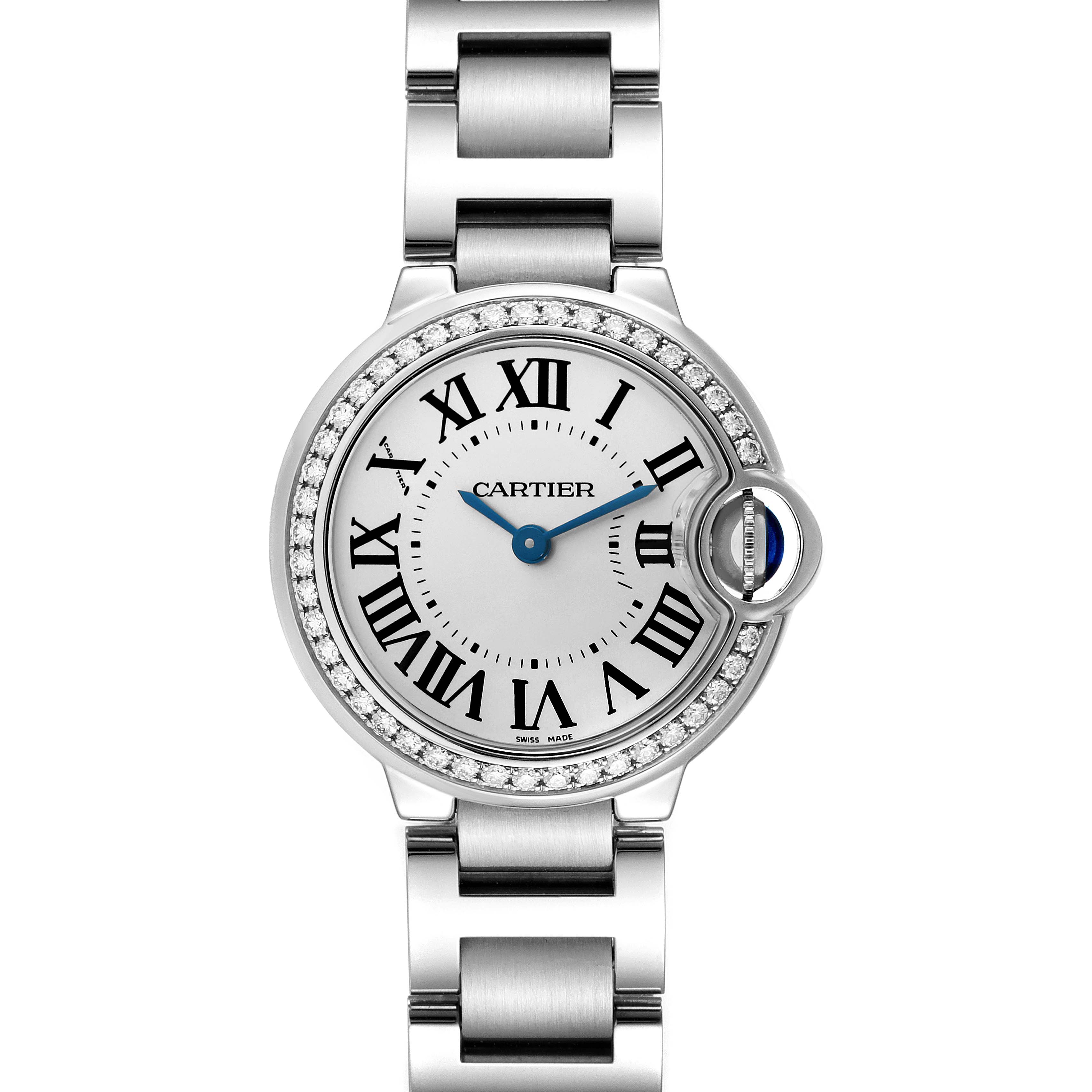 The Ballon Bleu de Cartier watch is shown from a front view, highlighting its face and bracelet.