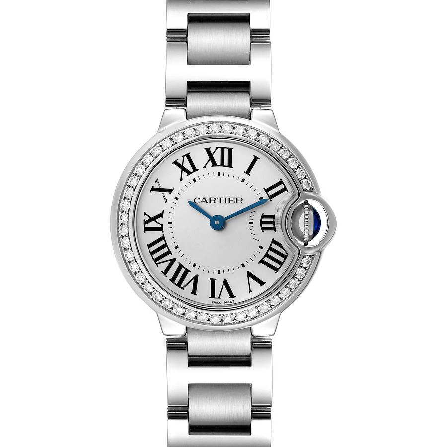 The Ballon Bleu de Cartier watch is shown from a front view, highlighting its face and bracelet.