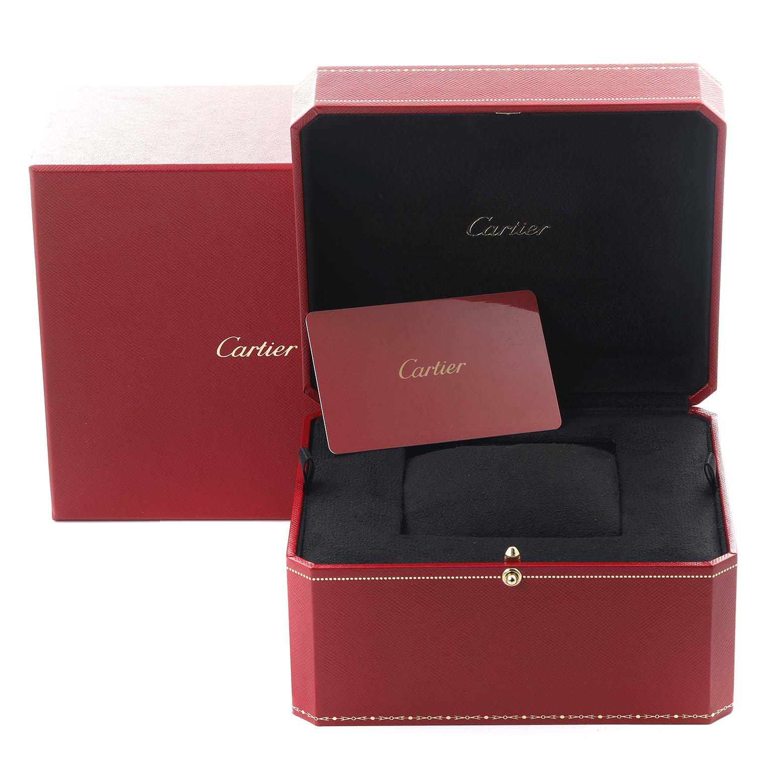The image shows a Cartier Ballon Bleu W4BB0015 Women's Stainless Steel Silver Dial W4BB0015 Women's Stainless Steel Silver Dial watch box open, displaying the interior cushion and a branded card.