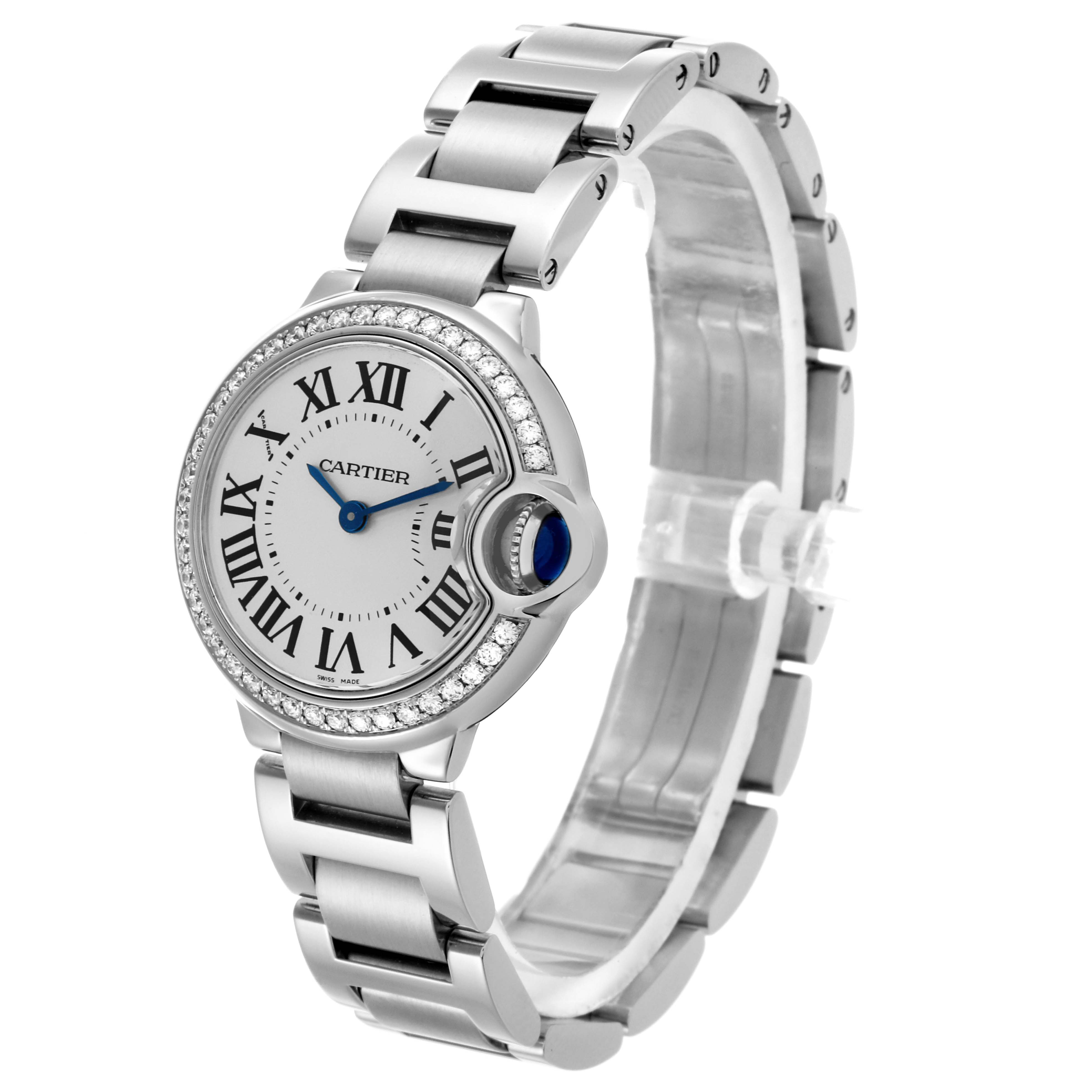 The Cartier Ballon Bleu W4BB0015 Women's Stainless Steel Silver Dial W4BB0015 Women's Stainless Steel Silver Dial watch is shown at a three-quarter angle, displaying the face, bezel, and bracelet.