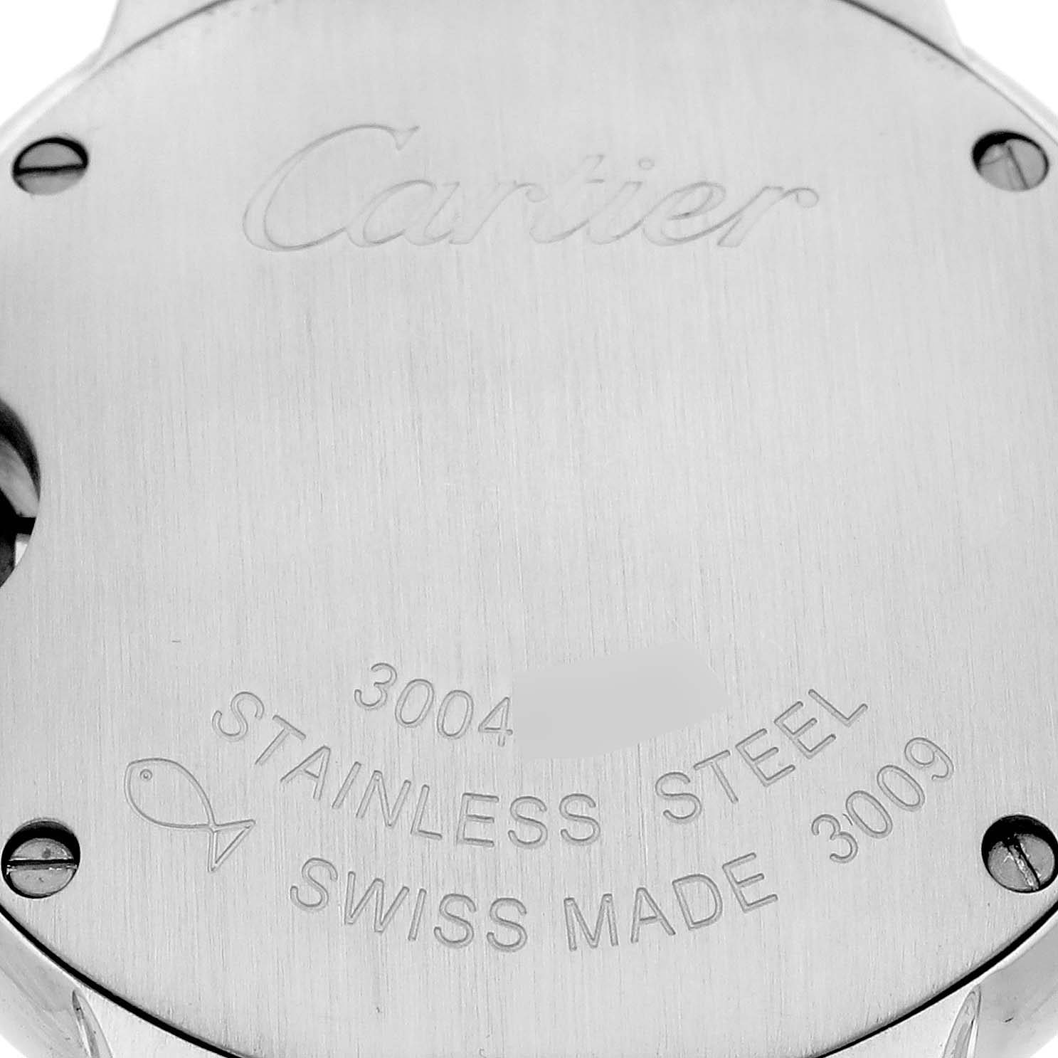 The image shows the back case of a Cartier Ballon Bleu W4BB0015 Women's Stainless Steel Silver Dial W4BB0015 Women's Stainless Steel Silver Dial watch with engraved details.