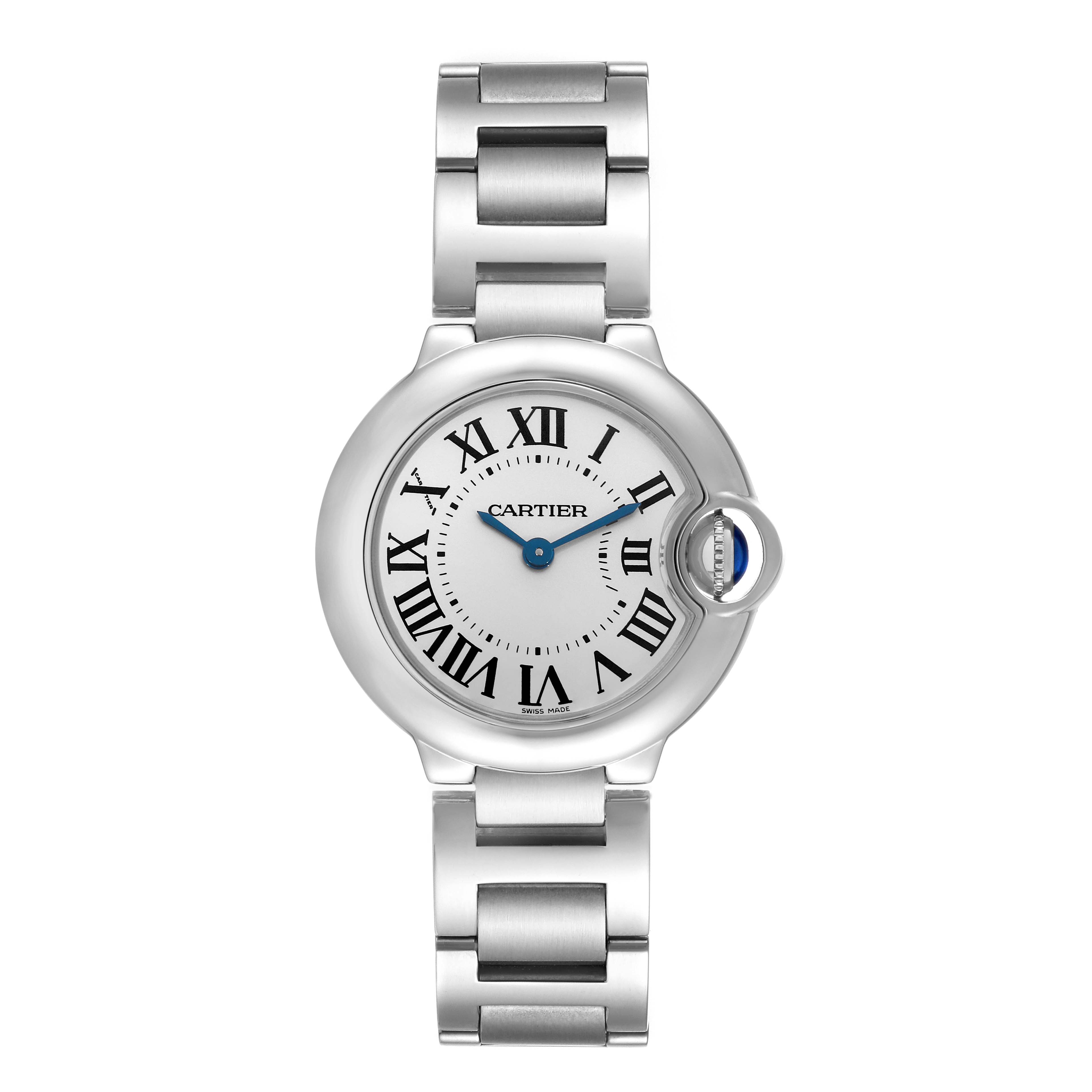 The Cartier Ballon Bleu W69010Z4 Women
s Stainless Steel Silver Dial W69010Z4 Women
s Stainless Steel Silver Dial watch is shown from a front angle, displaying the dial, bracelet, and crown.