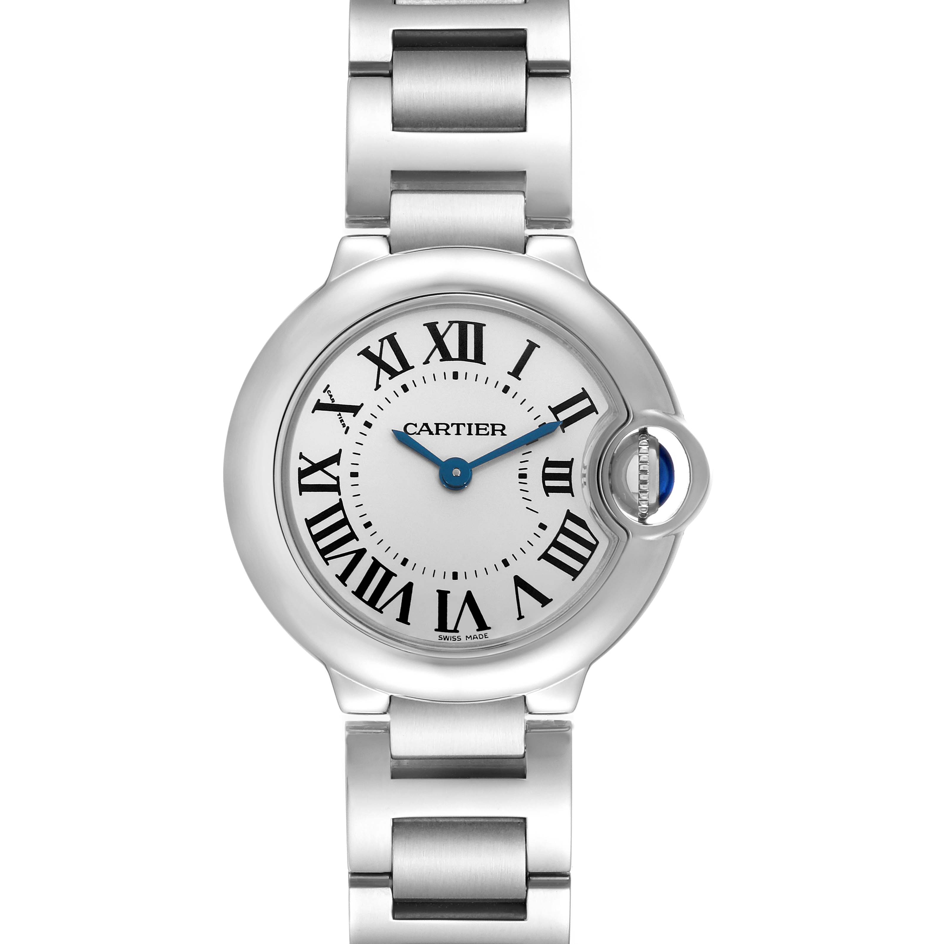 The Cartier Ballon Bleu W69010Z4 Women
s Stainless Steel Silver Dial W69010Z4 Women
s Stainless Steel Silver Dial watch is shown from a top-down angle, displaying the dial, Roman numerals, and metal bracelet.