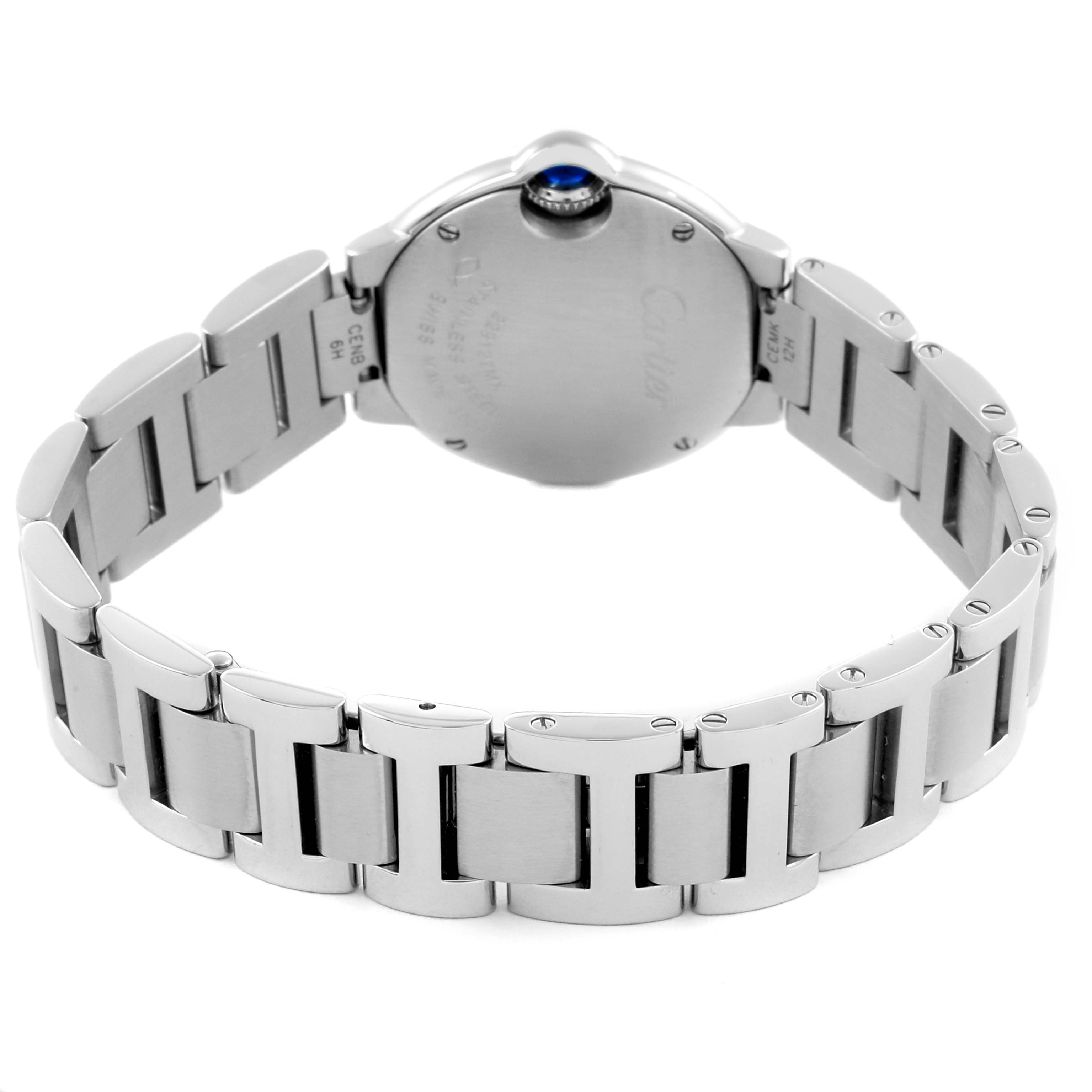 The image shows the back and bracelet of a Cartier Ballon Bleu W69010Z4 Women
s Stainless Steel Silver Dial W69010Z4 Women
s Stainless Steel Silver Dial watch, highlighting the clasp and case back.