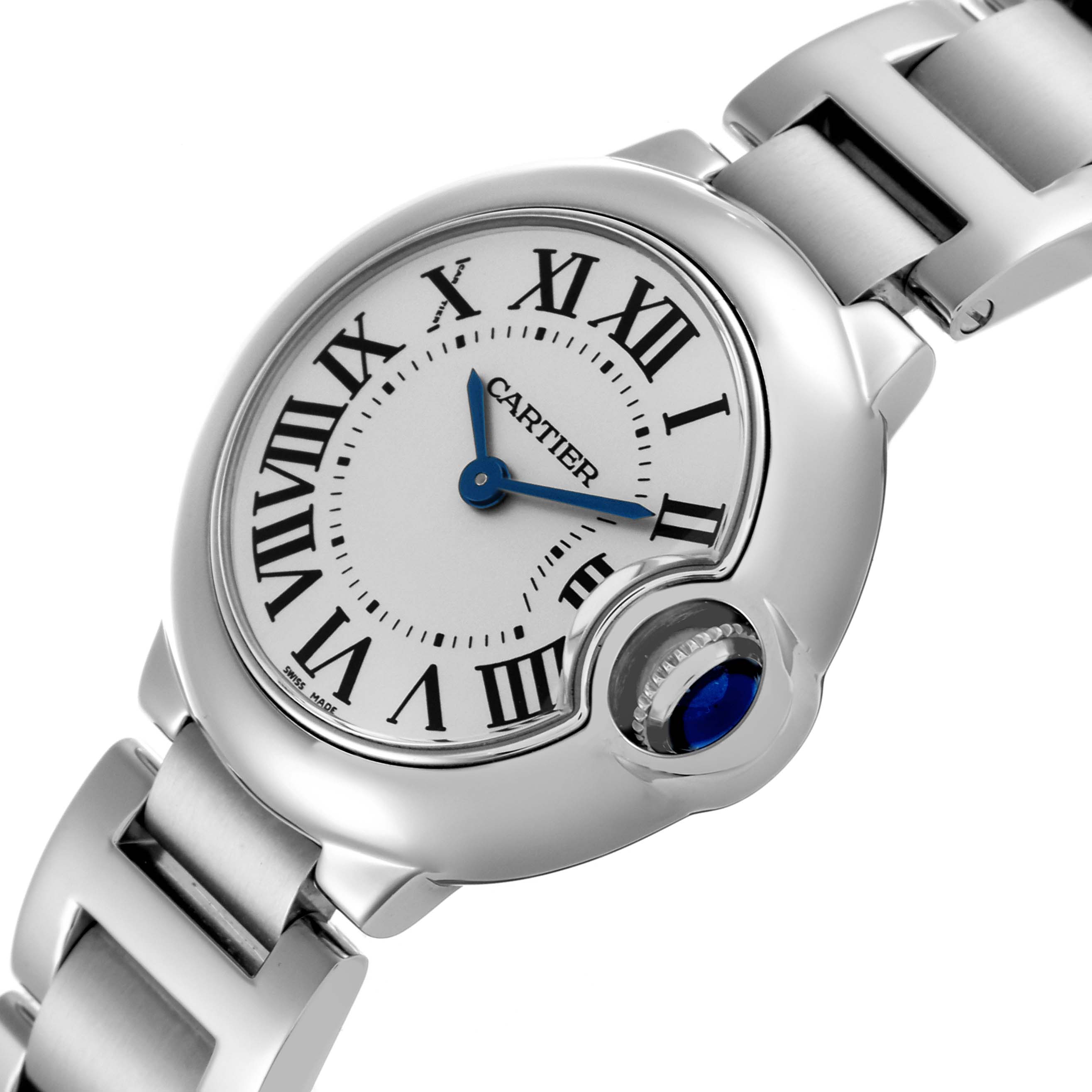 The Cartier Ballon Bleu W69010Z4 Women
s Stainless Steel Silver Dial W69010Z4 Women
s Stainless Steel Silver Dial watch is shown from a top-down angle, featuring its dial, Roman numerals, crown, and part of the bracelet.