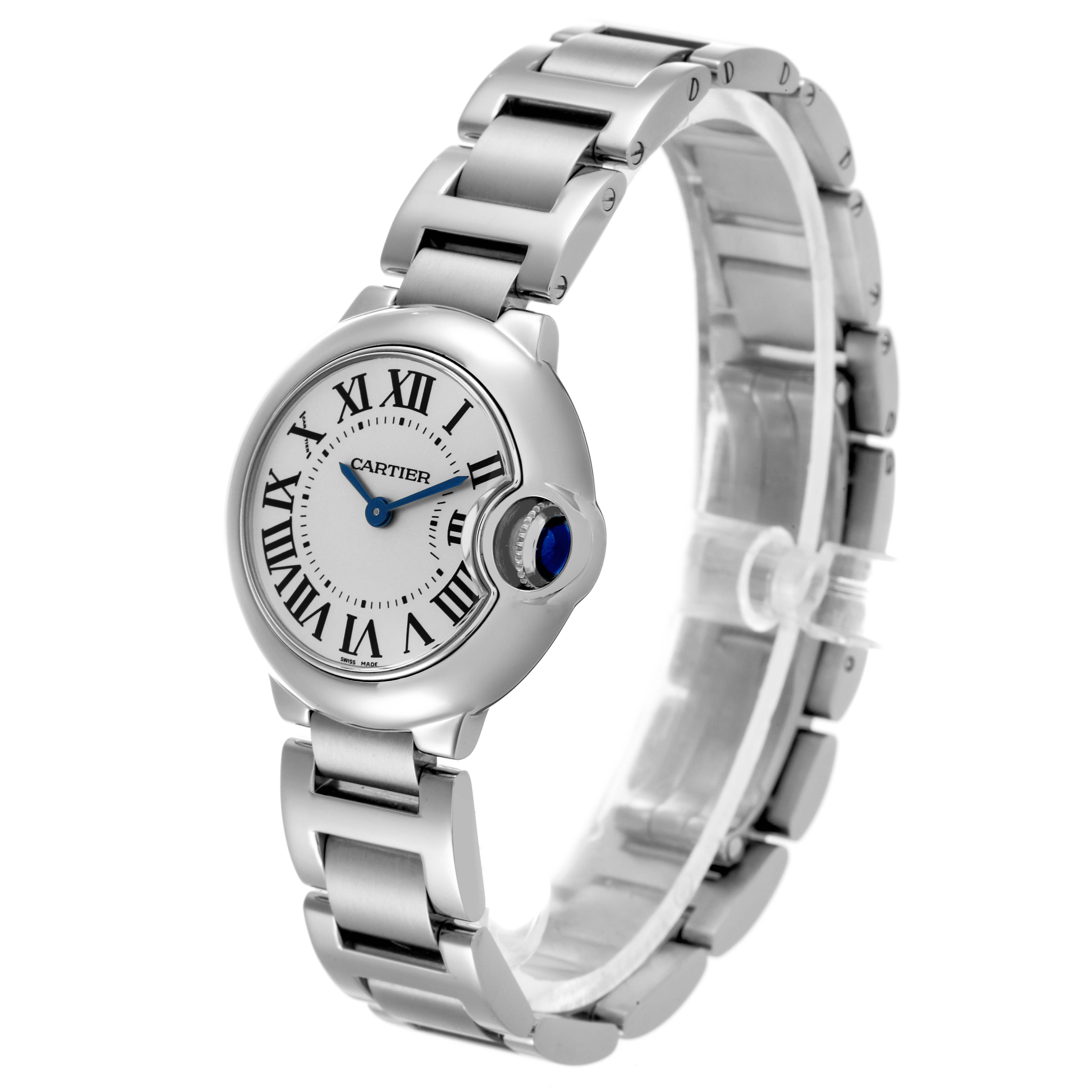 The Cartier Ballon Bleu W69010Z4 Women
s Stainless Steel Silver Dial W69010Z4 Women
s Stainless Steel Silver Dial watch is shown in a three-quarter angle, displaying its face, bracelet, and crown with blue cabochon.