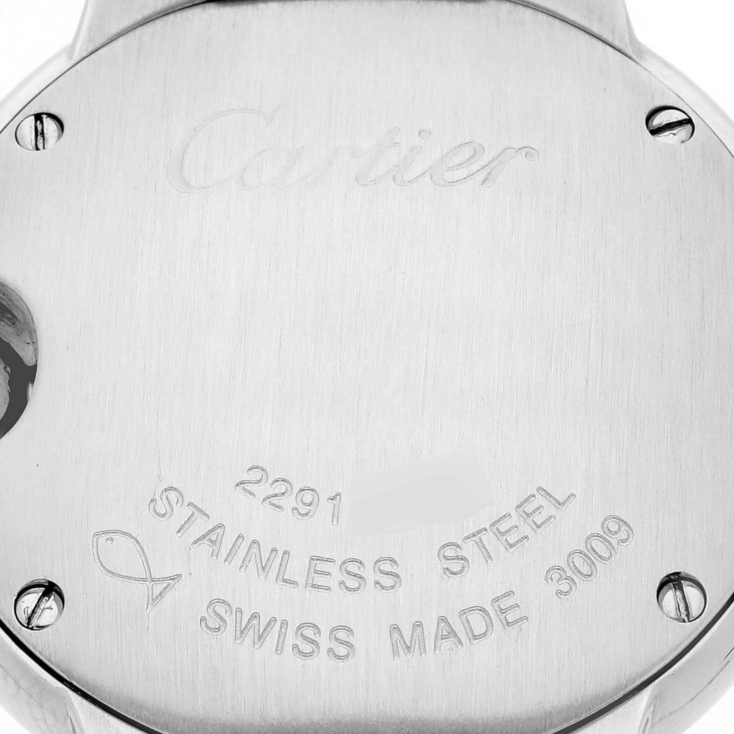 The image shows the back case of the Ballon Bleu by Cartier, displaying its engravings and screws.