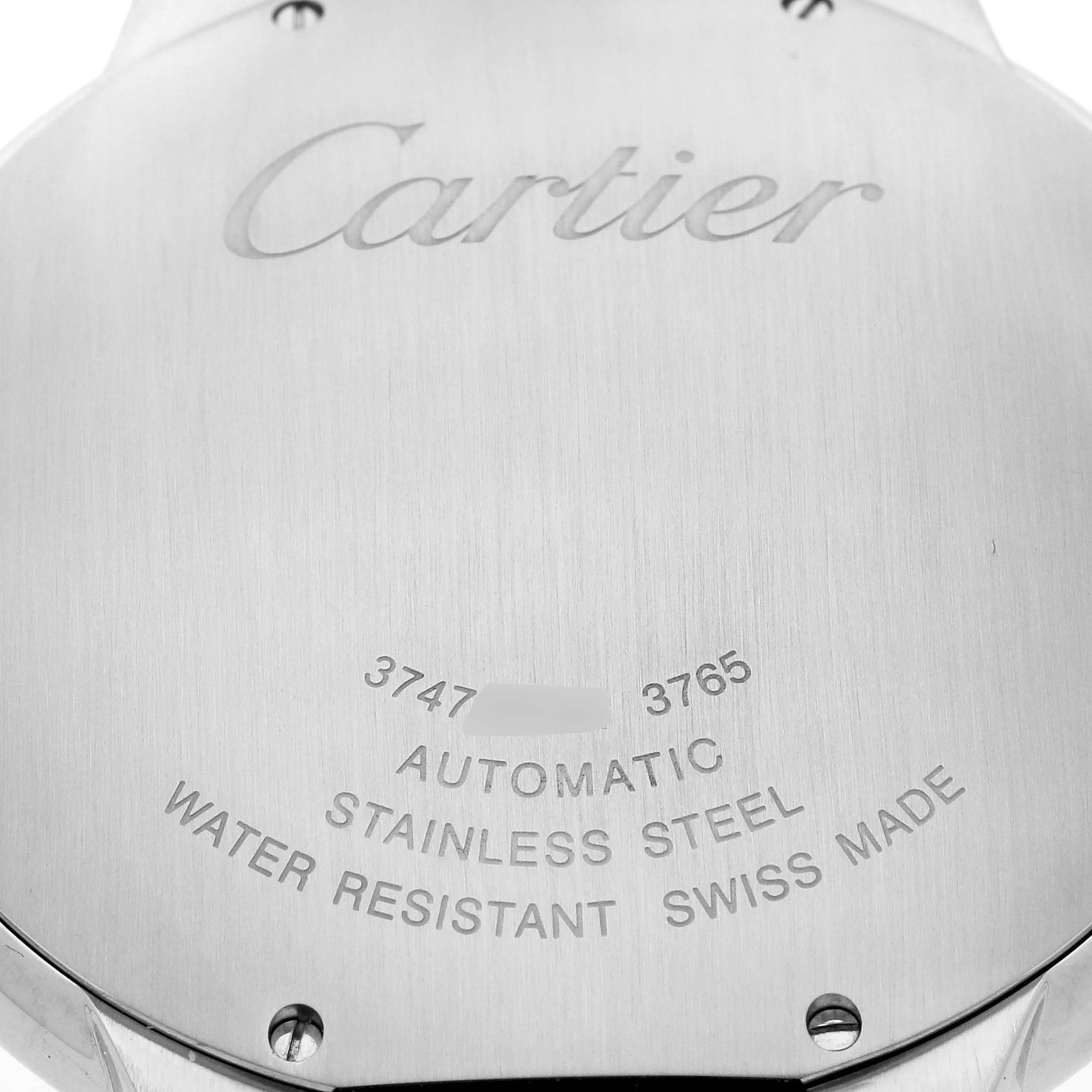 The image shows the back of a Cartier Ballon Bleu WSBB0027 Men's Stainless Steel Blue Dial WSBB0027 Men's Stainless Steel Blue Dial watch, featuring engraved specifications.