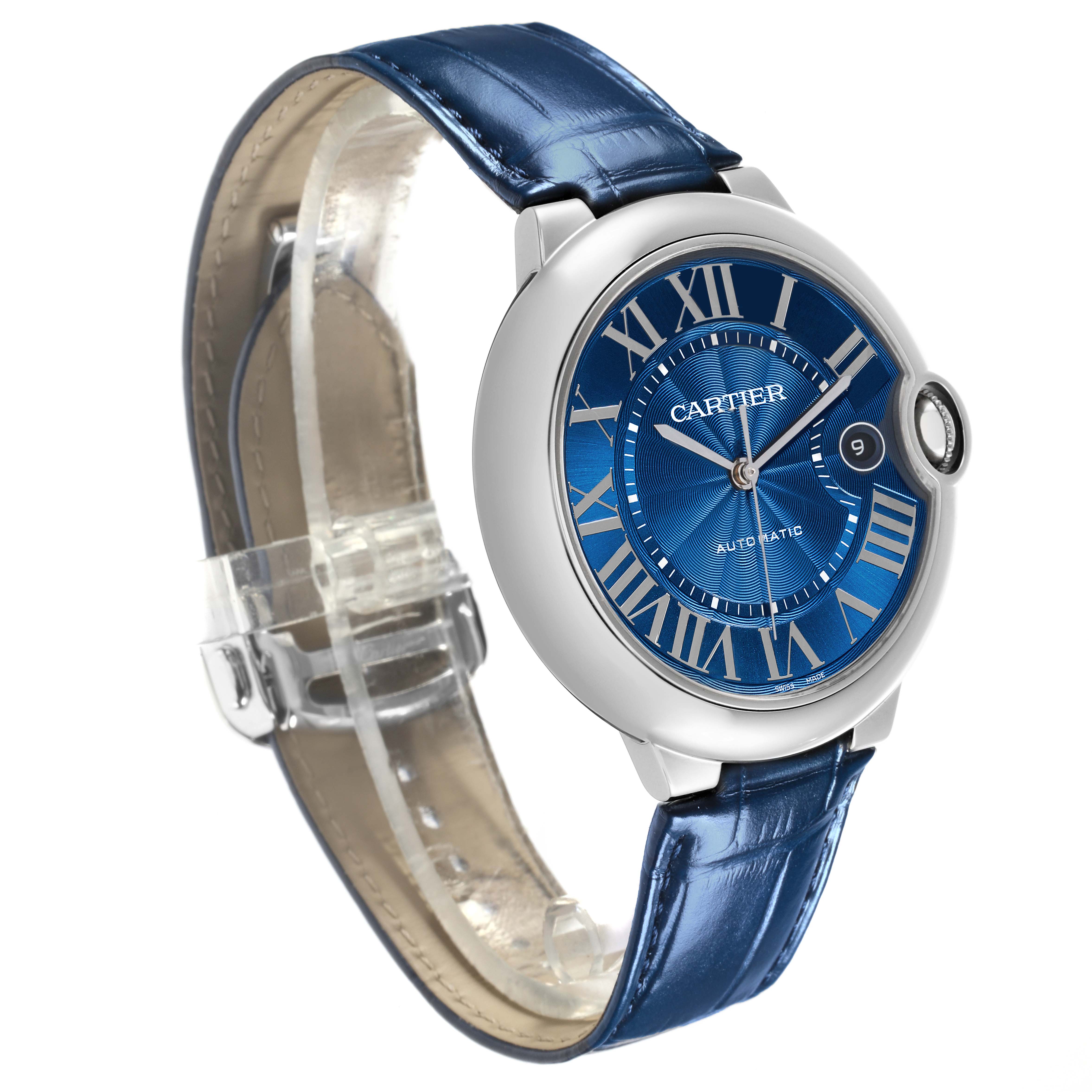 The Cartier Ballon Bleu WSBB0027 Men's Stainless Steel Blue Dial WSBB0027 Men's Stainless Steel Blue Dial watch is shown at a side angle, highlighting the blue dial, crown, and leather strap.
