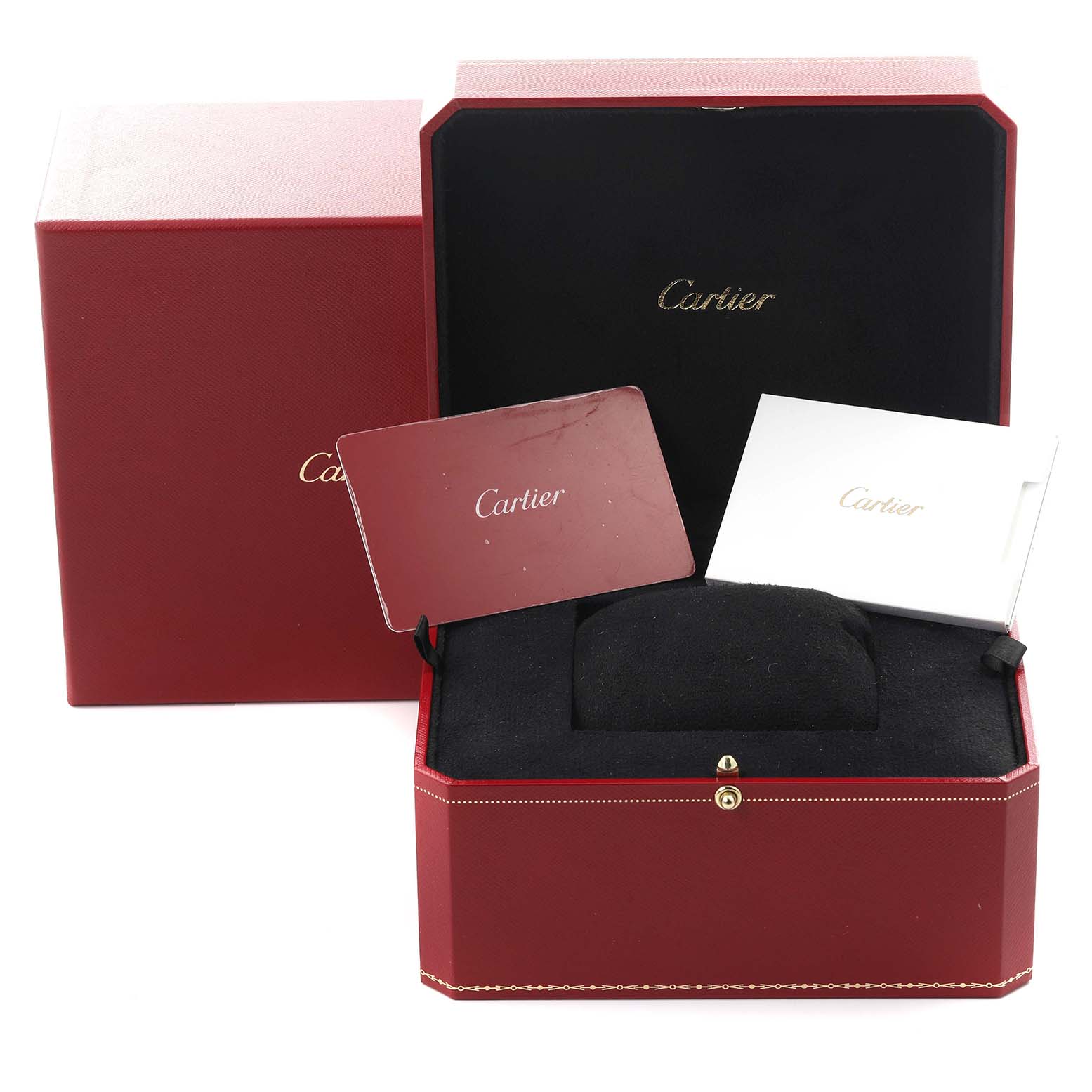 The image shows a Cartier Ballon Bleu WSBB0027 Men's Stainless Steel Blue Dial WSBB0027 Men's Stainless Steel Blue Dial watch box with cushions and documentation at a frontal angle.