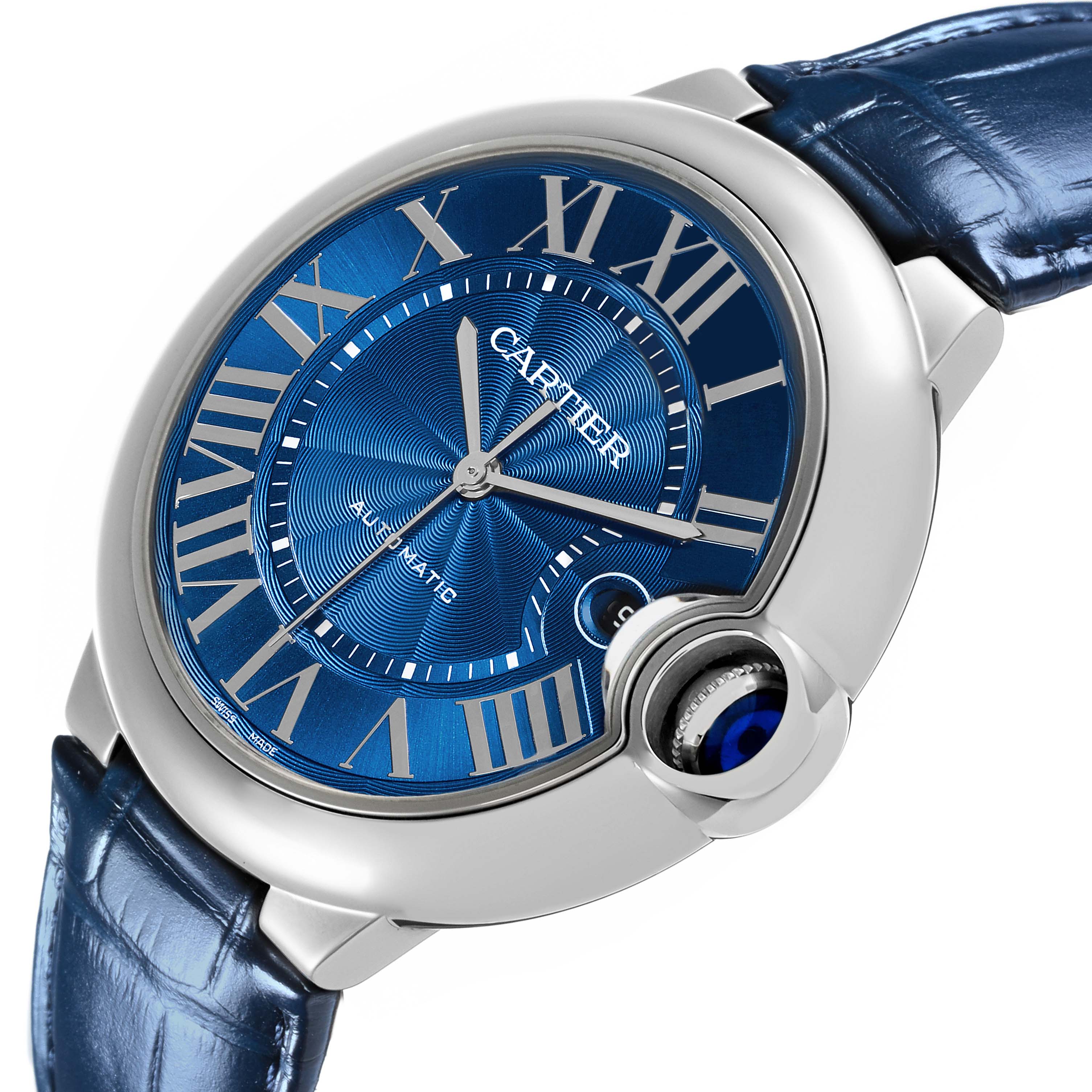 The Cartier Ballon Bleu WSBB0027 Men's Stainless Steel Blue Dial WSBB0027 Men's Stainless Steel Blue Dial watch is shown at an angled view highlighting the blue dial, Roman numerals, and the crown with a blue cabochon.