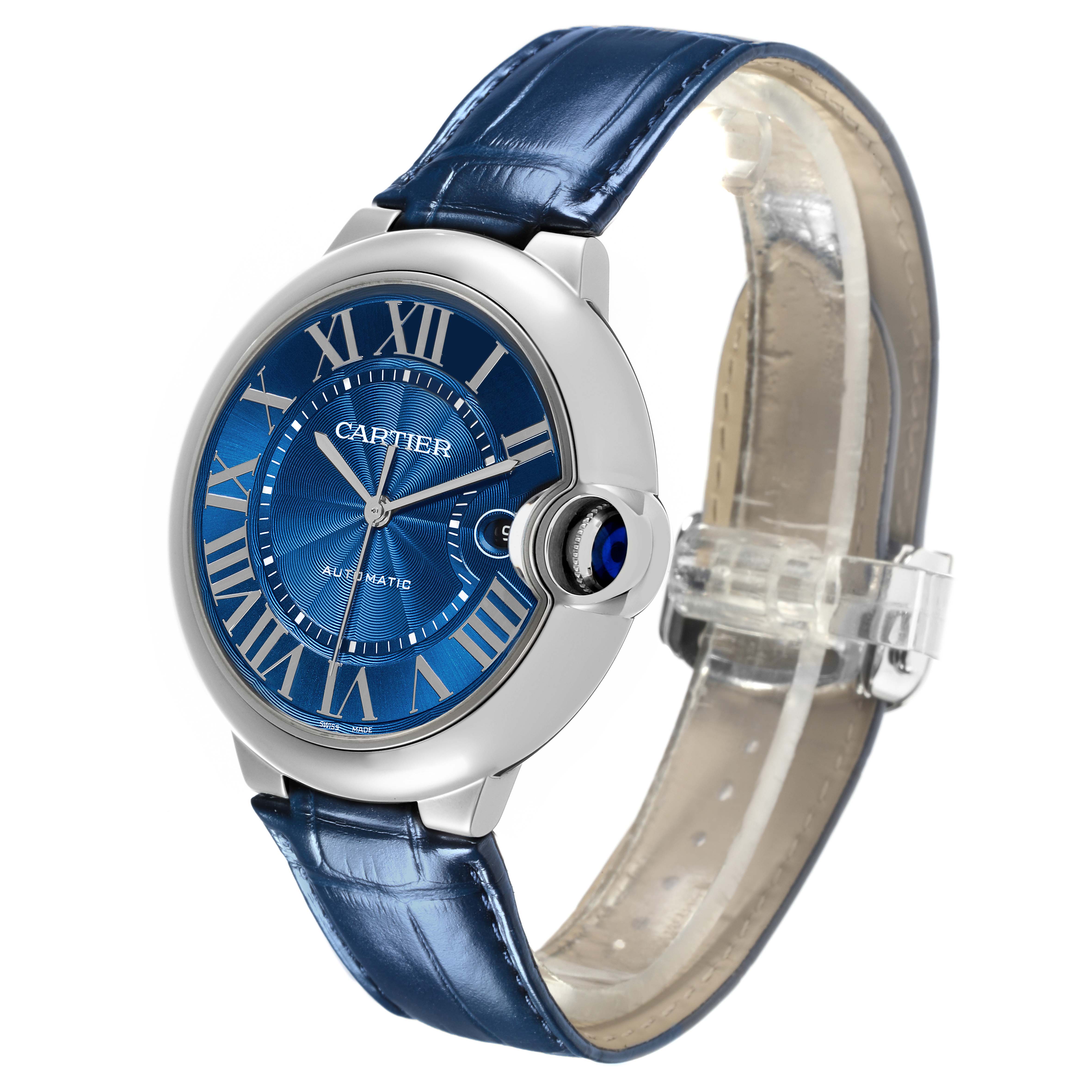 The Cartier Ballon Bleu WSBB0027 Men's Stainless Steel Blue Dial WSBB0027 Men's Stainless Steel Blue Dial watch is shown at an angled side view, highlighting the face, blue strap, and crown.