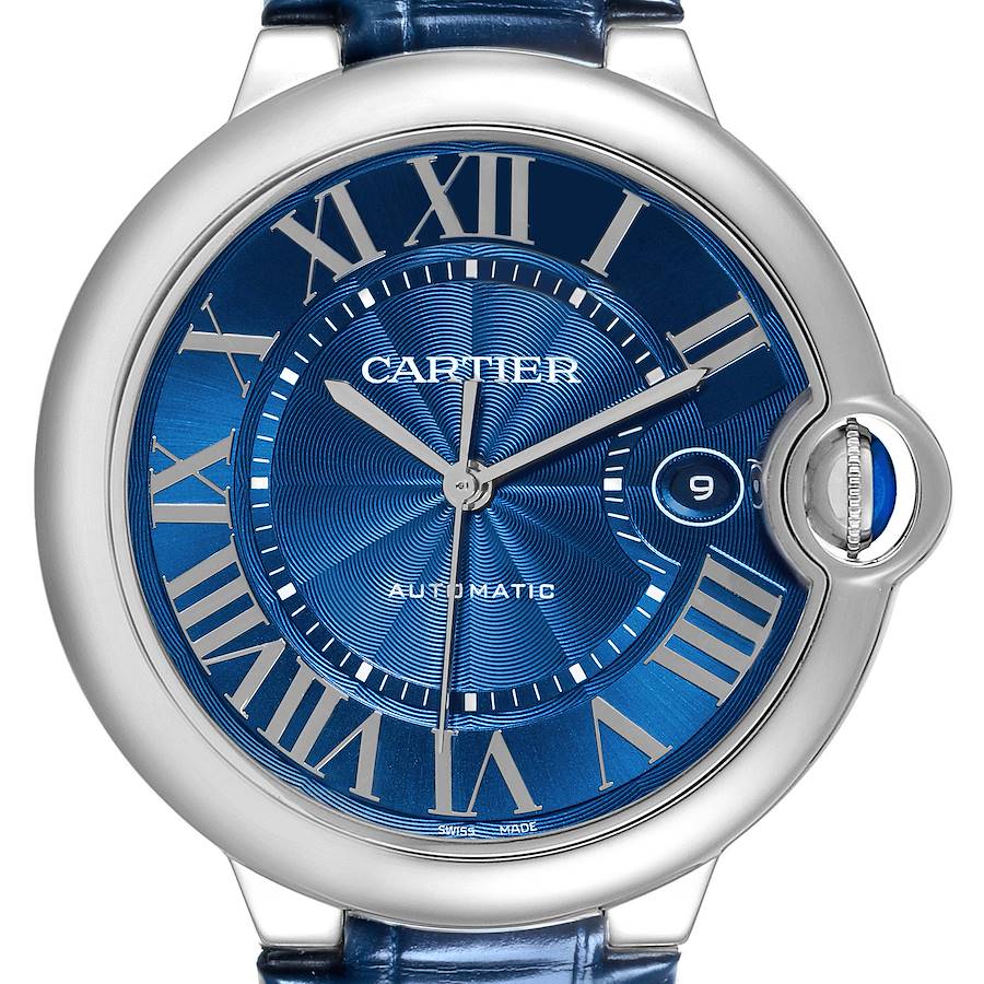 The Cartier Ballon Bleu watch is shown in a close-up front view, highlighting the dial, Roman numerals, and crown.