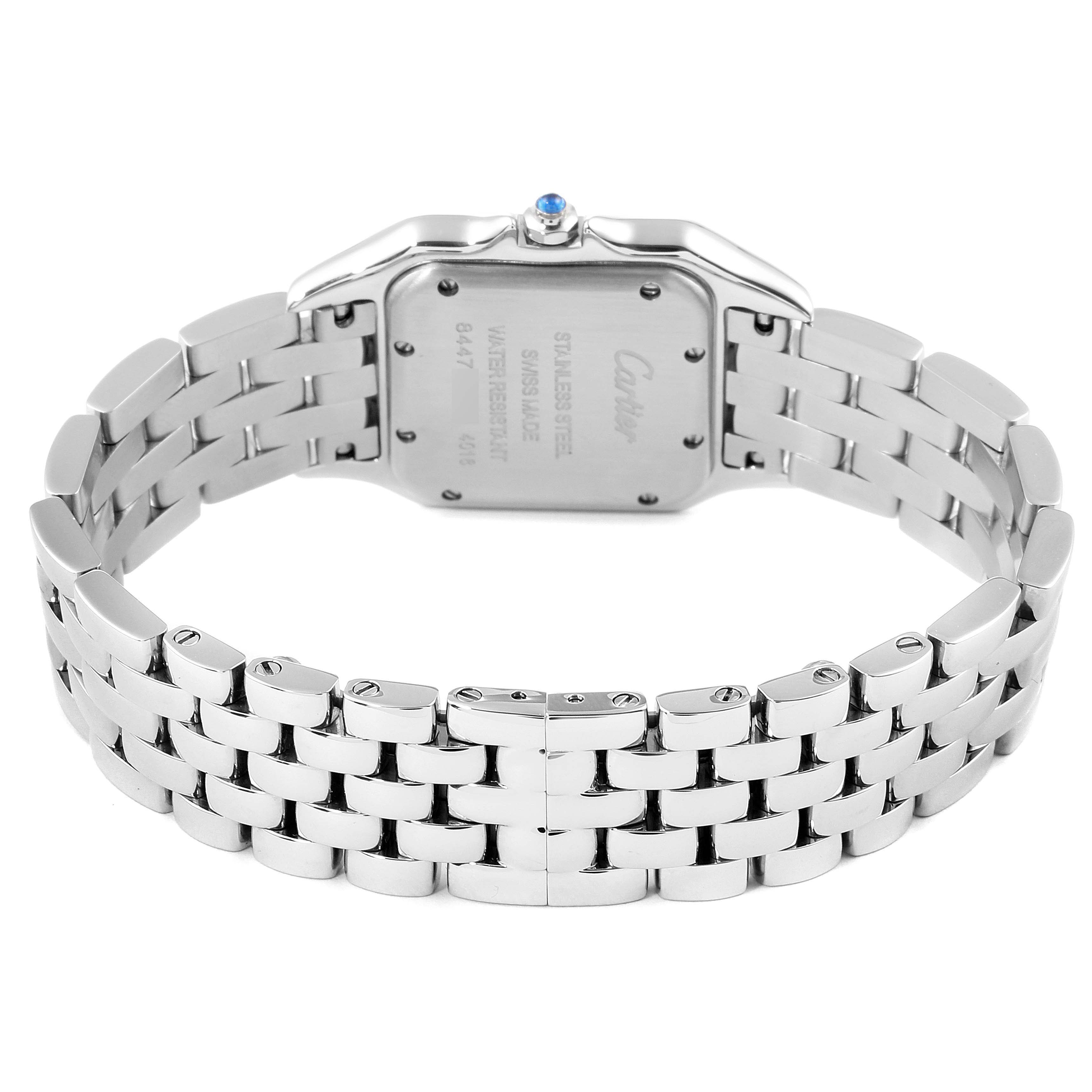 The image shows the rear view of the Cartier Panthere WSPN0007 Women
s Stainless Steel Silver Dial WSPN0007 Women
s Stainless Steel Silver Dial watch, highlighting its stainless steel case back and bracelet.