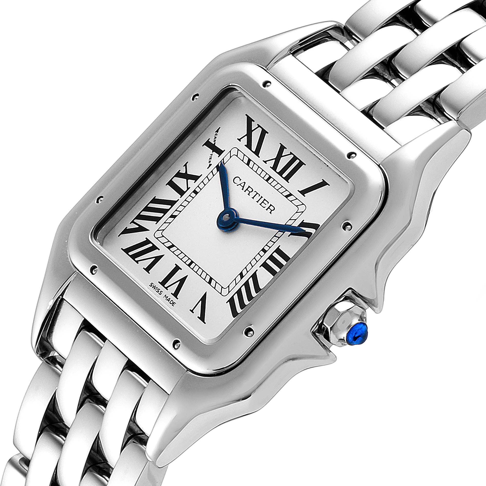 The image shows a Cartier Panthere WSPN0007 Women
s Stainless Steel Silver Dial WSPN0007 Women
s Stainless Steel Silver Dial watch at a slight angle, highlighting its face, bezel, and linked metal bracelet.
