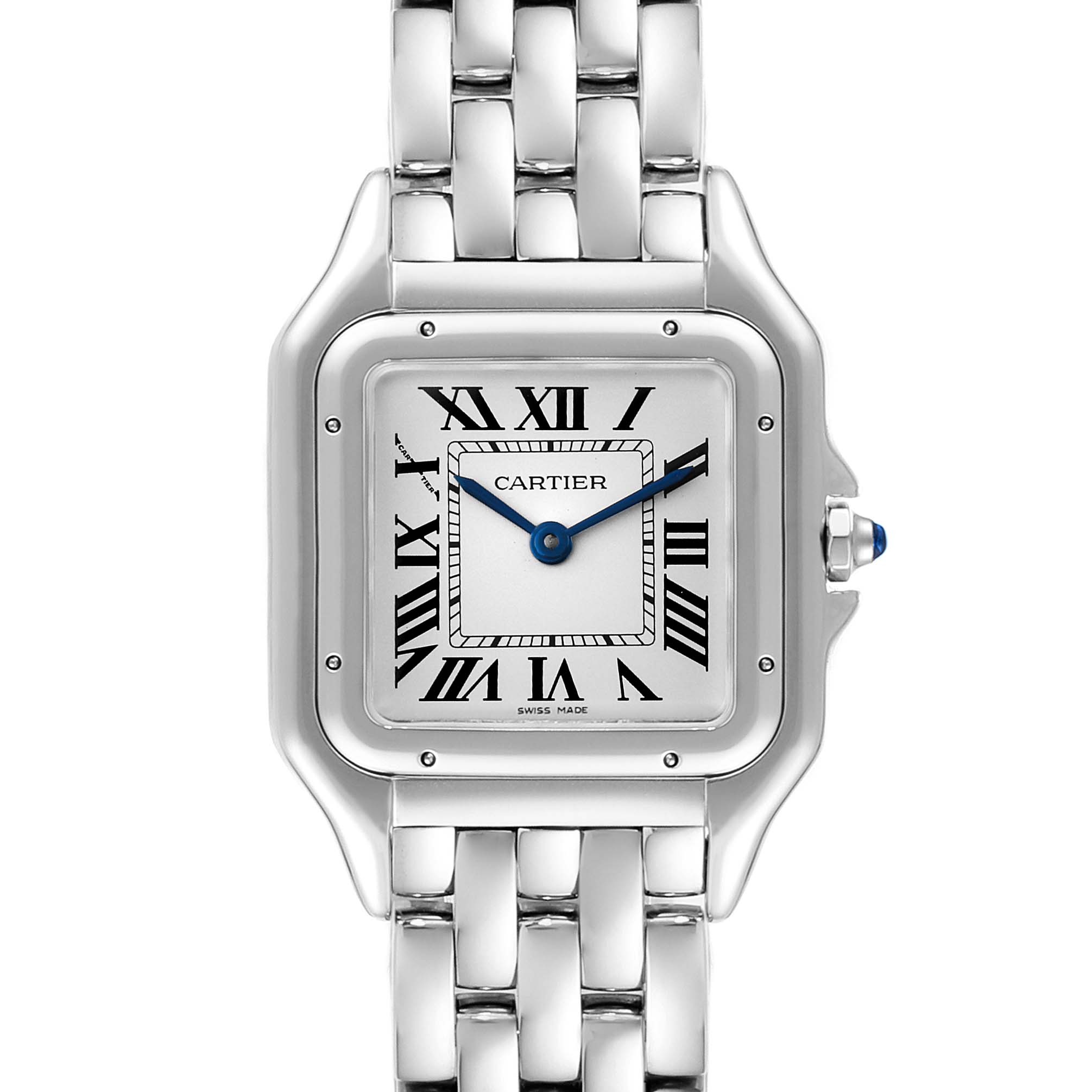 The image shows a front view of the Cartier Panthere WSPN0007 Women
s Stainless Steel Silver Dial WSPN0007 Women
s Stainless Steel Silver Dial watch, highlighting the face, bezel, and part of the bracelet.