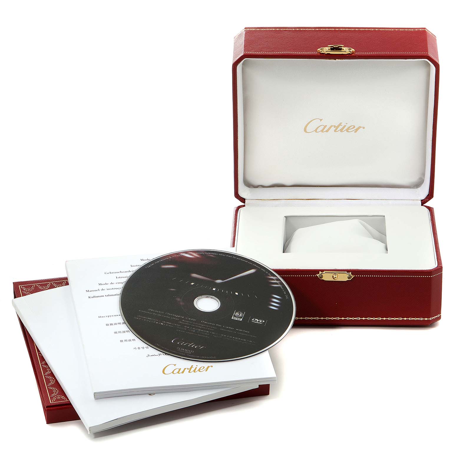 The image shows the box, manual, and a DVD for the Panthere model by Cartier, with an open red box prominently displayed.
