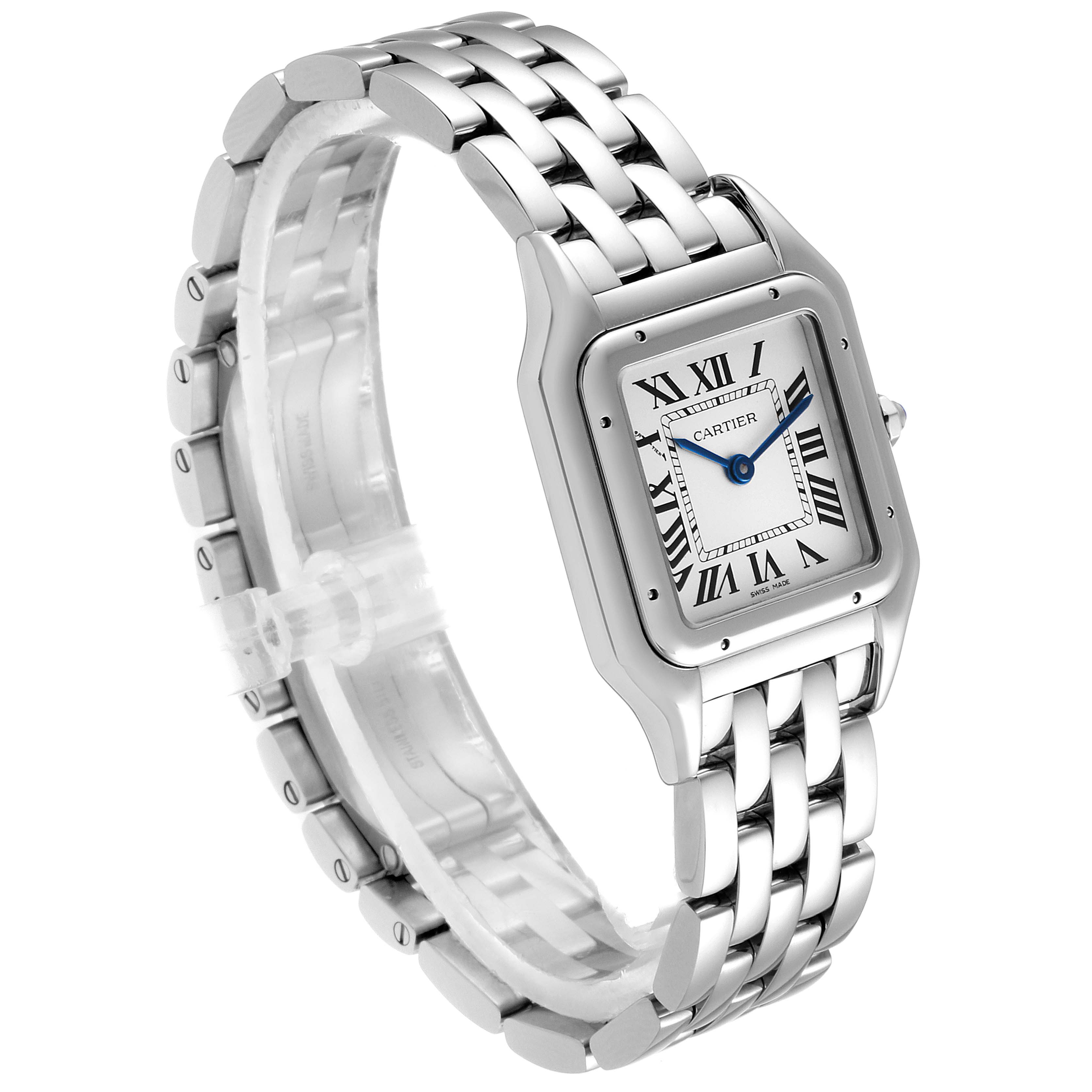 The image shows a Panthere model by Cartier from a three-quarter angle, highlighting its face, bracelet, and clasp.