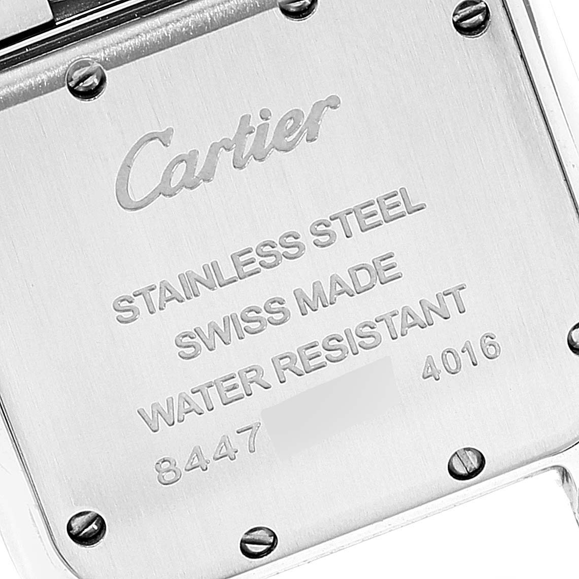 The image shows the back case of a Cartier Panthere WSPN0007 Women
s Stainless Steel Silver Dial WSPN0007 Women
s Stainless Steel Silver Dial model watch, highlighting the engraving and screws.