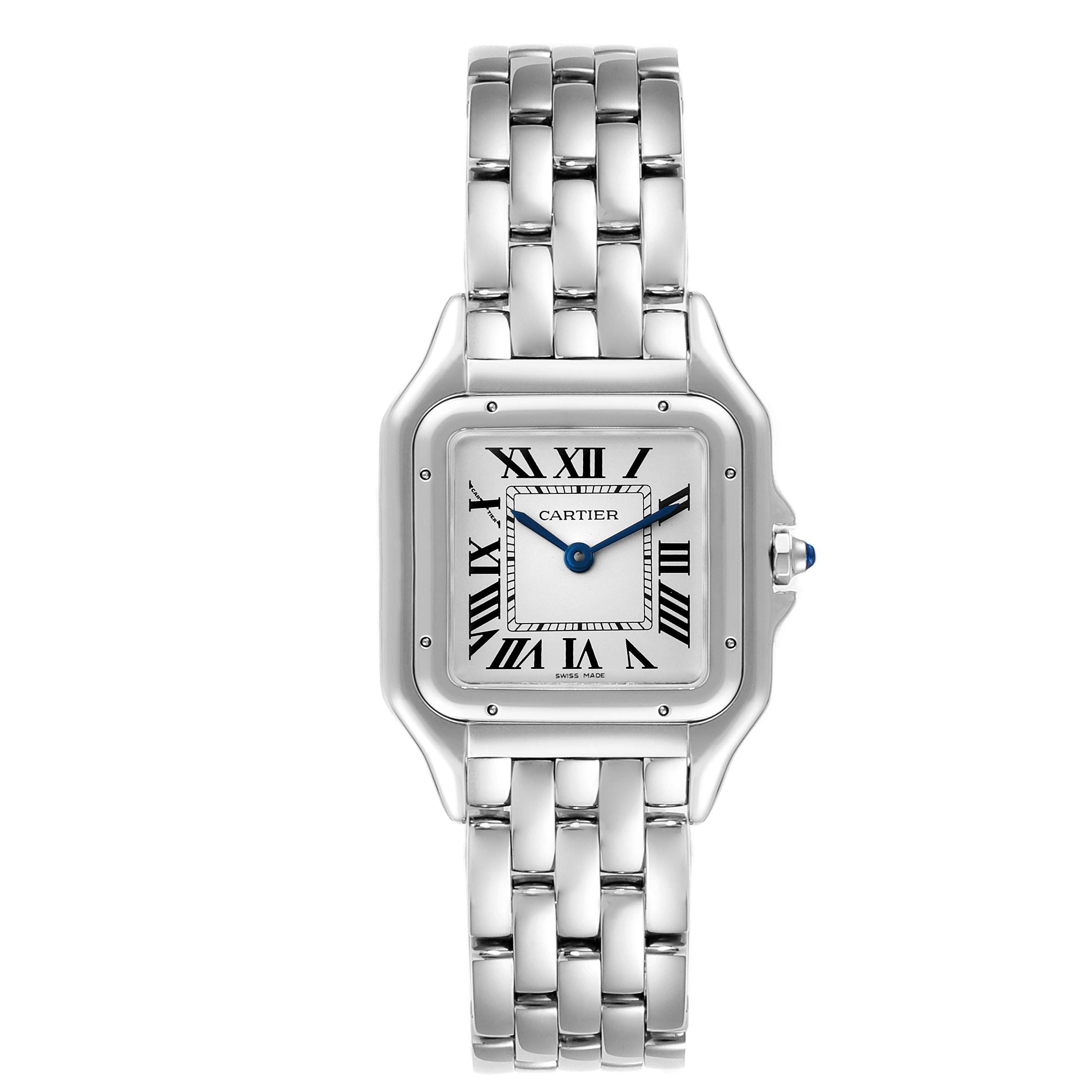 The image shows a front view of a Cartier Panthere WSPN0007 Women
s Stainless Steel Silver Dial WSPN0007 Women
s Stainless Steel Silver Dial watch, highlighting its square face, Roman numerals, and metal bracelet.