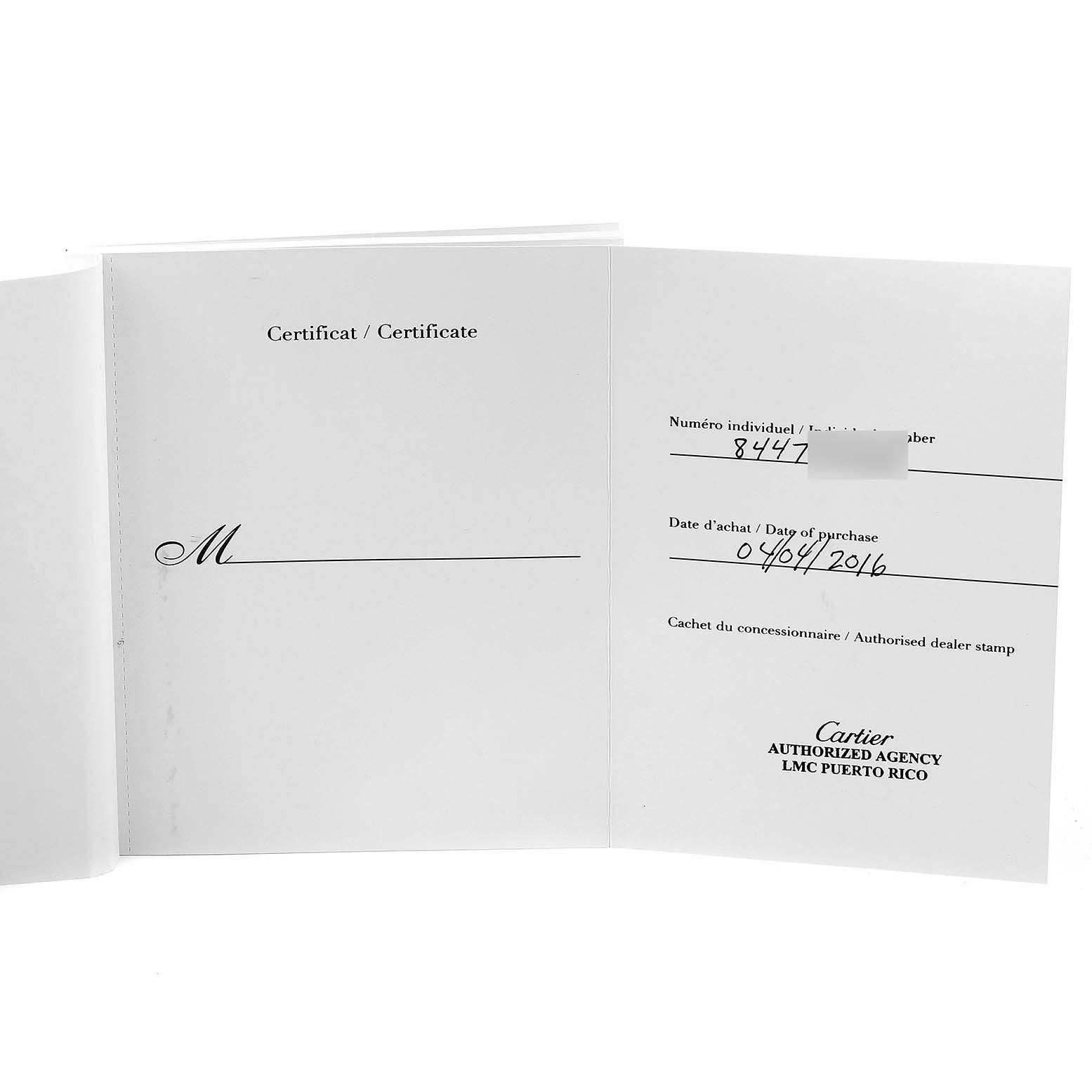 The image shows the certificate papers for the Cartier Panthere WSPN0007 Women
s Stainless Steel Silver Dial WSPN0007 Women
s Stainless Steel Silver Dial model watch, featuring purchase details and an authorized dealer stamp.