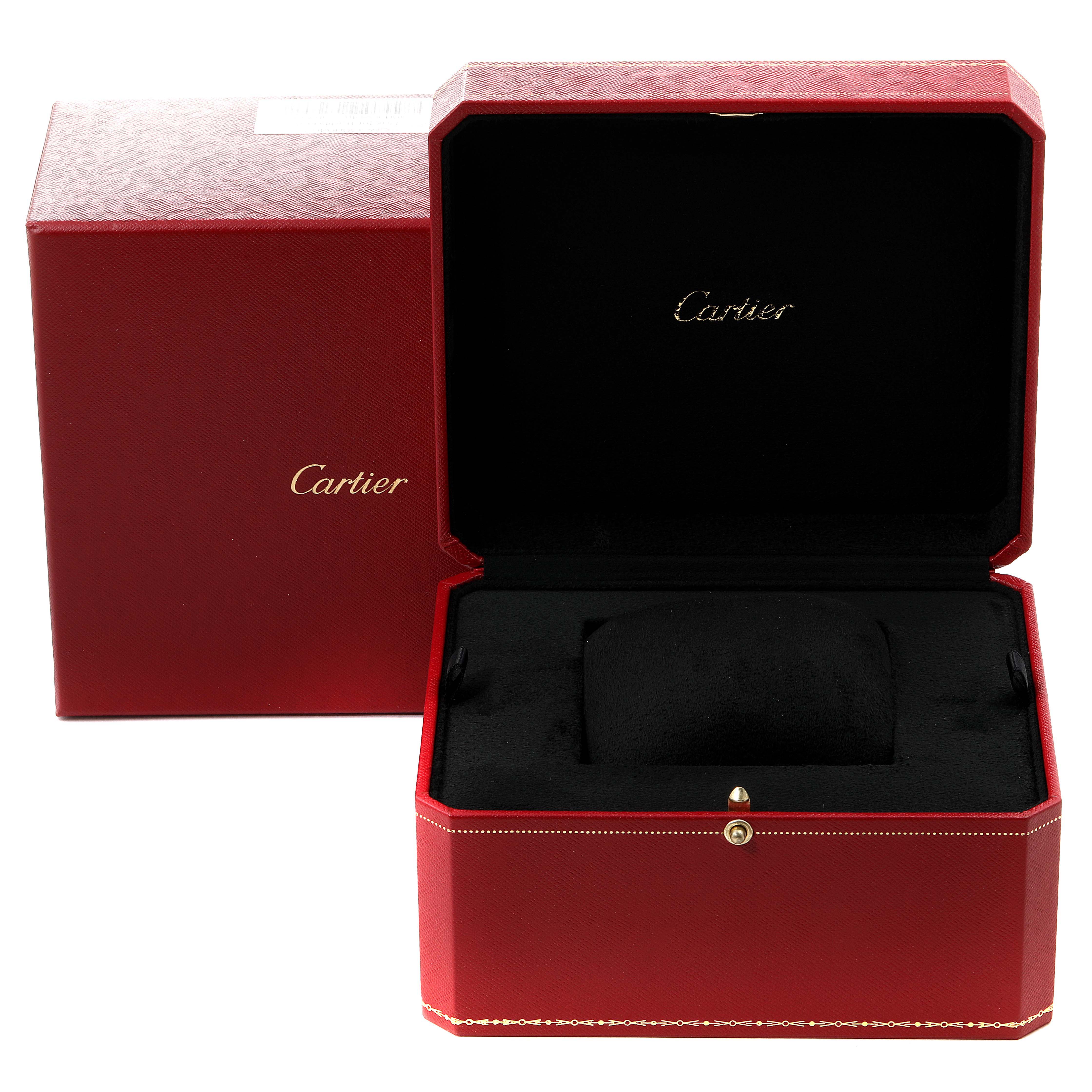 The image displays the red box and packaging for the Cartier Roadster W62005V2 Men
s Yellow Gold Silver Dial W62005V2 Men
s Yellow Gold Silver Dial watch from a frontal angle.