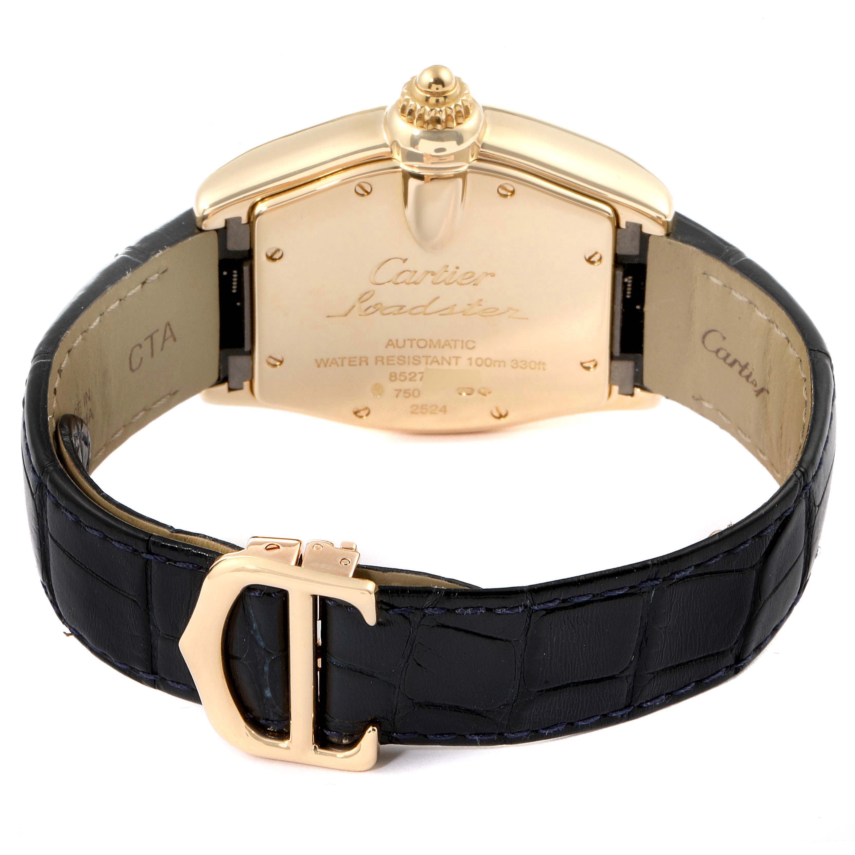 This image shows the back view of a Cartier Roadster W62005V2 Men
s Yellow Gold Silver Dial W62005V2 Men
s Yellow Gold Silver Dial watch, highlighting the watch case, clasp, and leather strap.