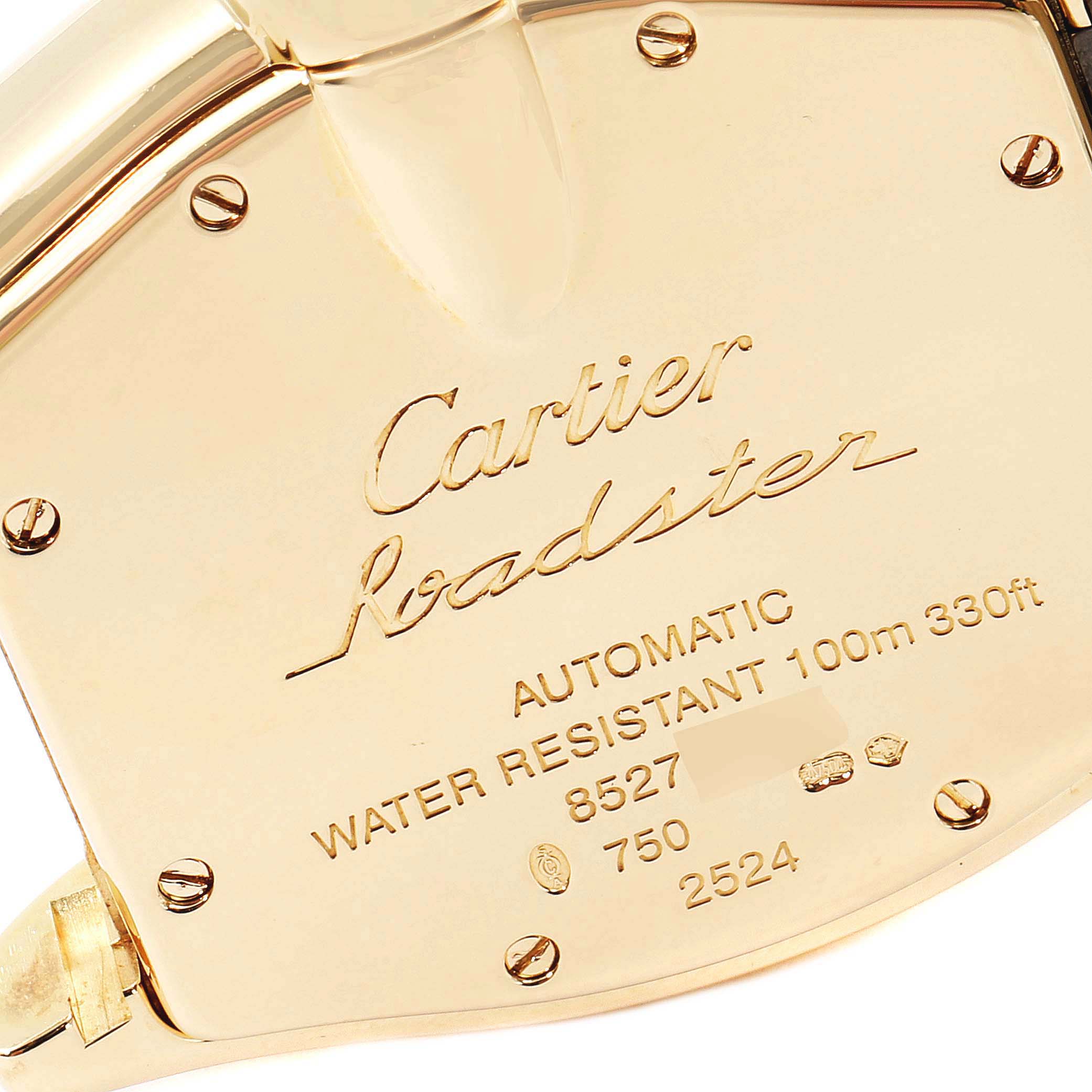 This image shows the back of a Cartier Roadster W62005V2 Men
s Yellow Gold Silver Dial W62005V2 Men
s Yellow Gold Silver Dial watch, detailing its automatic movement and water resistance specifications.