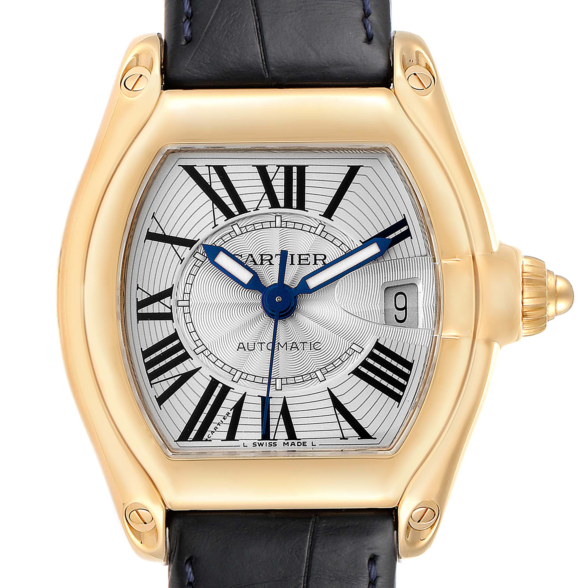 This image shows a Cartier Roadster W62005V2 Men
s Yellow Gold Silver Dial W62005V2 Men
s Yellow Gold Silver Dial watch face, crown, and part of the leather strap, viewed from the front.