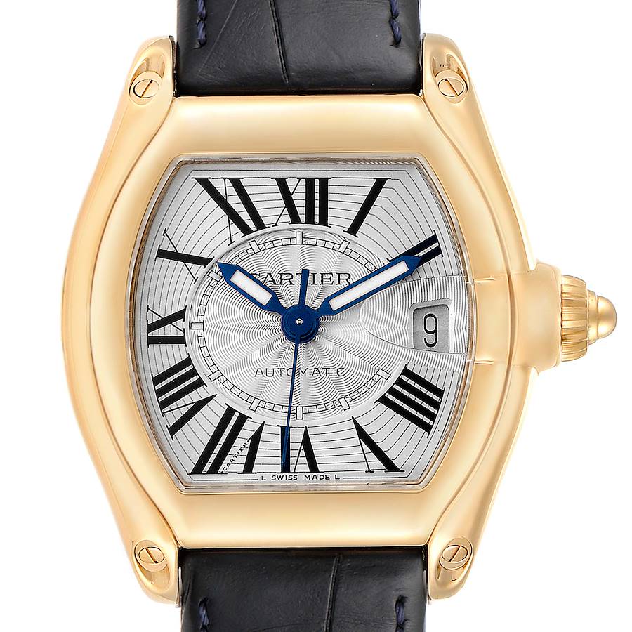 Cartier Roadster Yellow Gold Blue Strap Large Mens Watch W62005V2 Box SwissWatchExpo