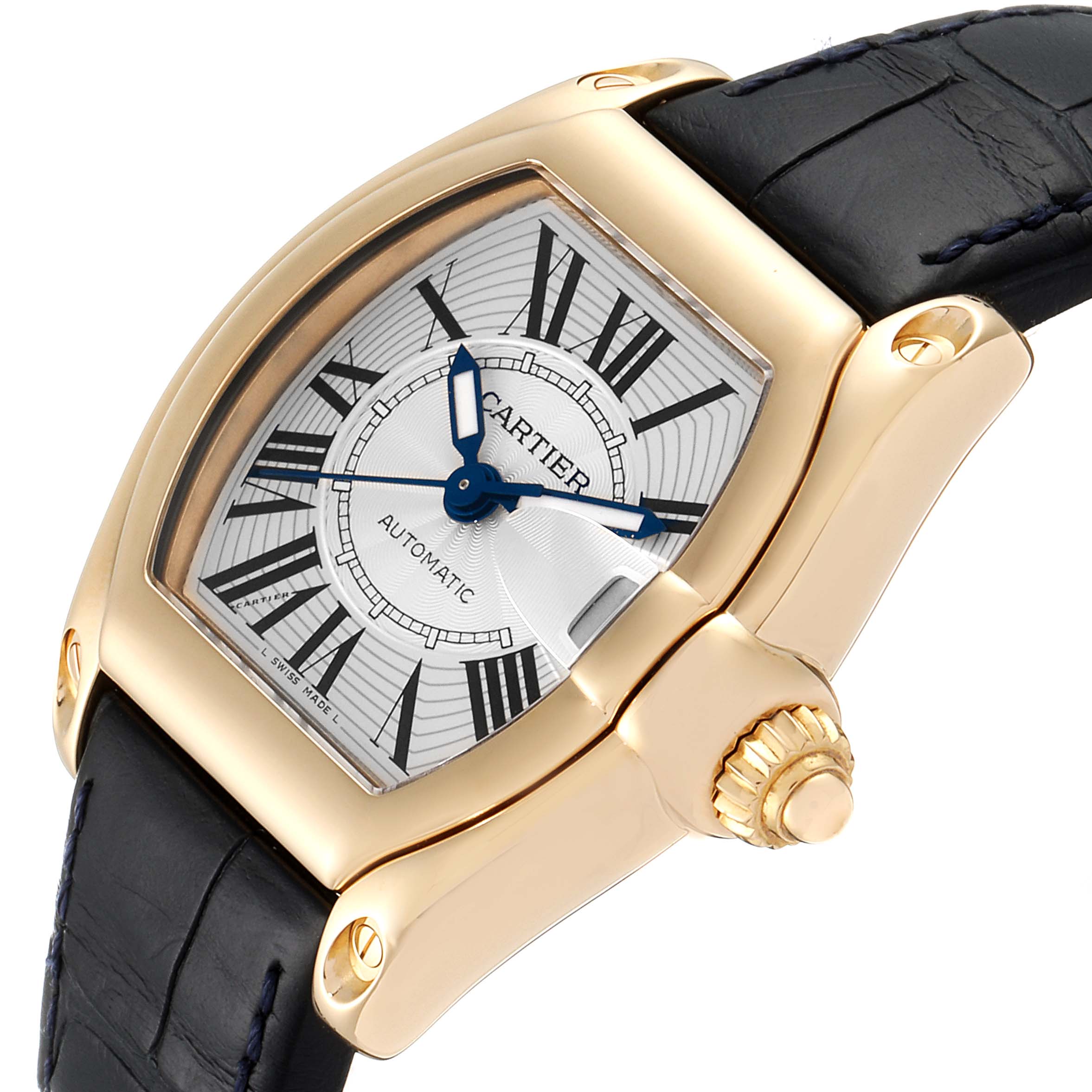 The image shows a close-up of the Cartier Roadster W62005V2 Men
s Yellow Gold Silver Dial W62005V2 Men
s Yellow Gold Silver Dial watch, focusing on the face, crown, and strap attachment.