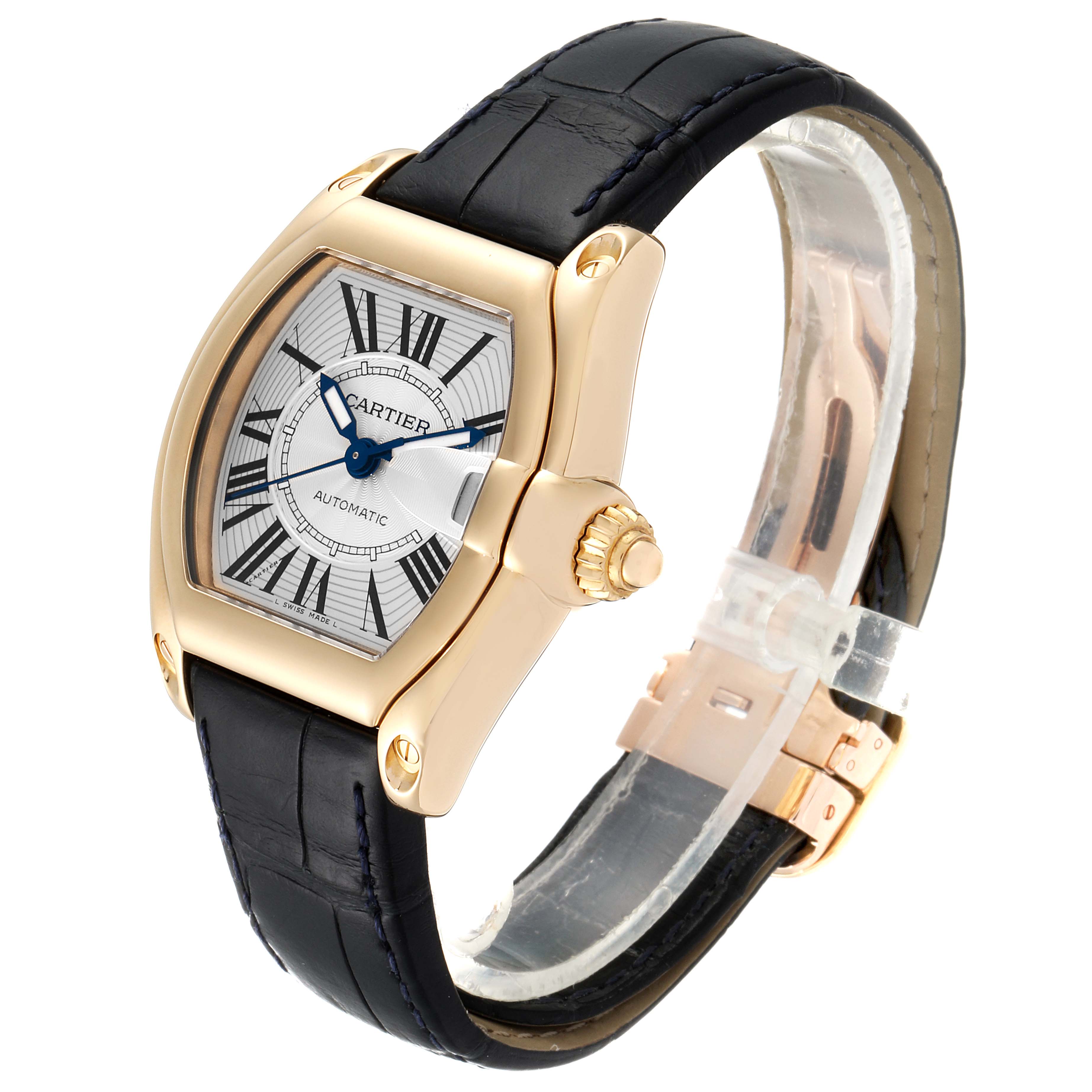 The image shows a three-quarter angle view of the Cartier Roadster W62005V2 Men
s Yellow Gold Silver Dial W62005V2 Men
s Yellow Gold Silver Dial watch, highlighting its gold case, black leather strap, and Roman numeral dial.