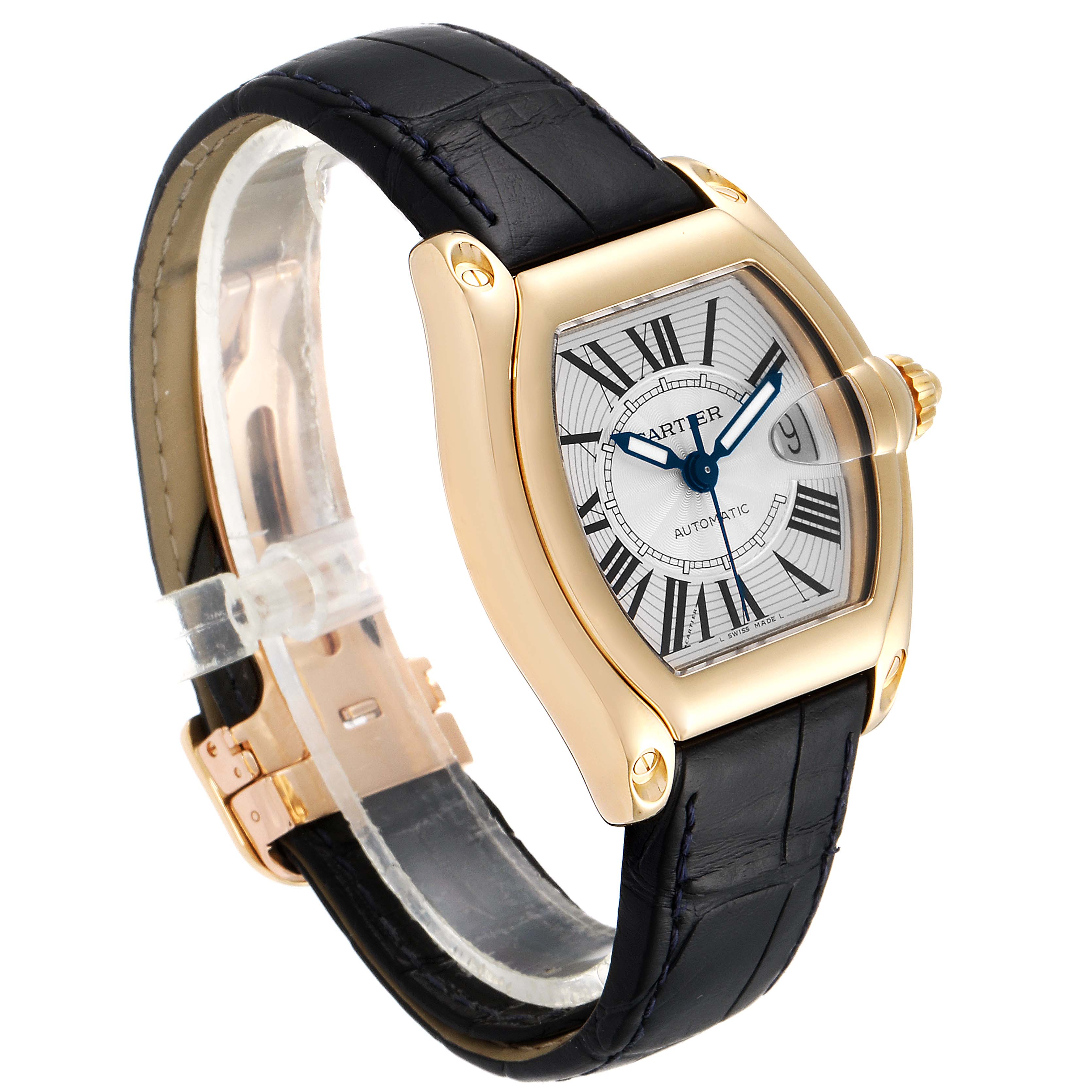 The Cartier Roadster W62005V2 Men
s Yellow Gold Silver Dial W62005V2 Men
s Yellow Gold Silver Dial watch is shown at a three-quarter angle, highlighting its face, black leather strap, and gold casing.