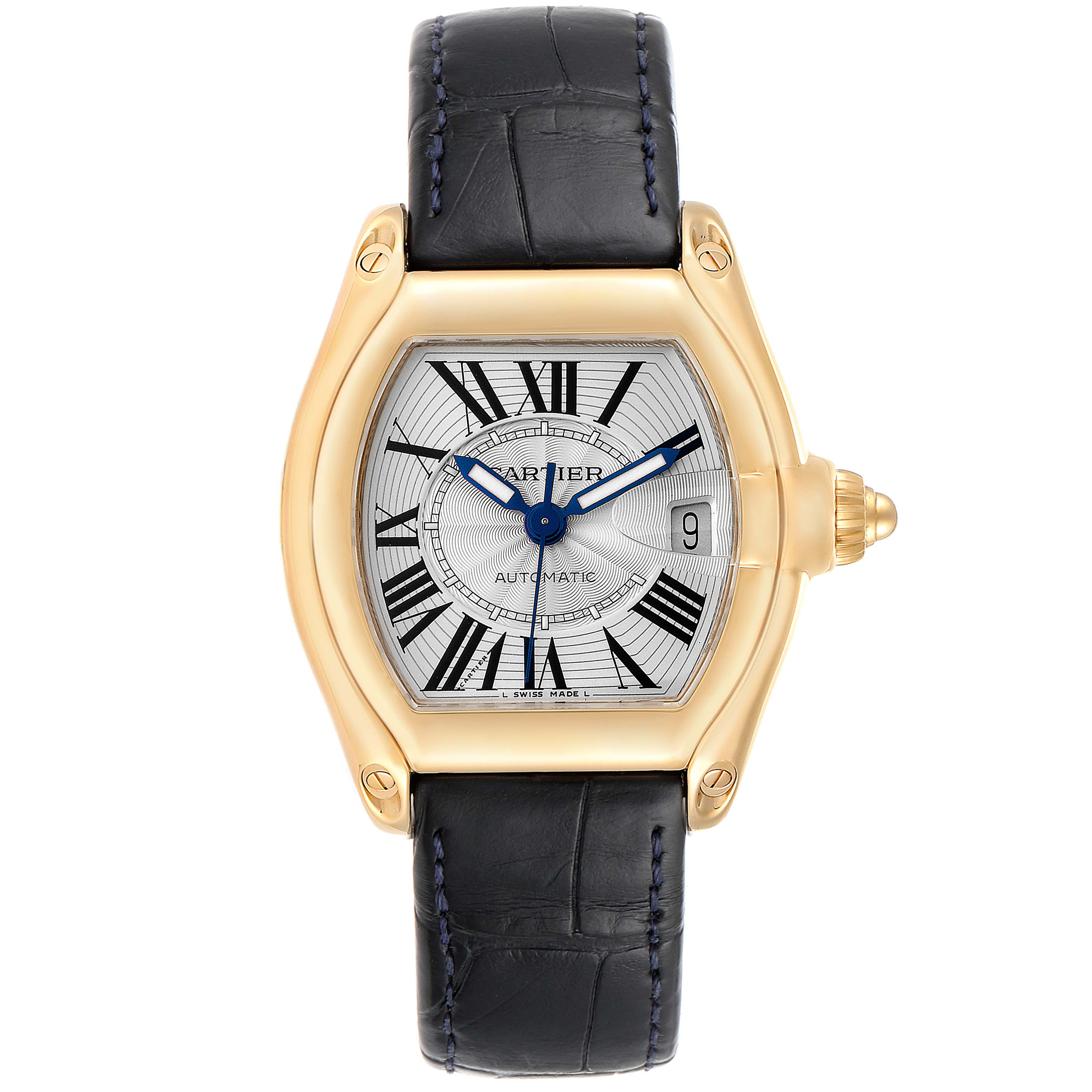 This image shows a front view of the Cartier Roadster W62005V2 Men
s Yellow Gold Silver Dial W62005V2 Men
s Yellow Gold Silver Dial watch, displaying its face, gold case, and black leather strap.