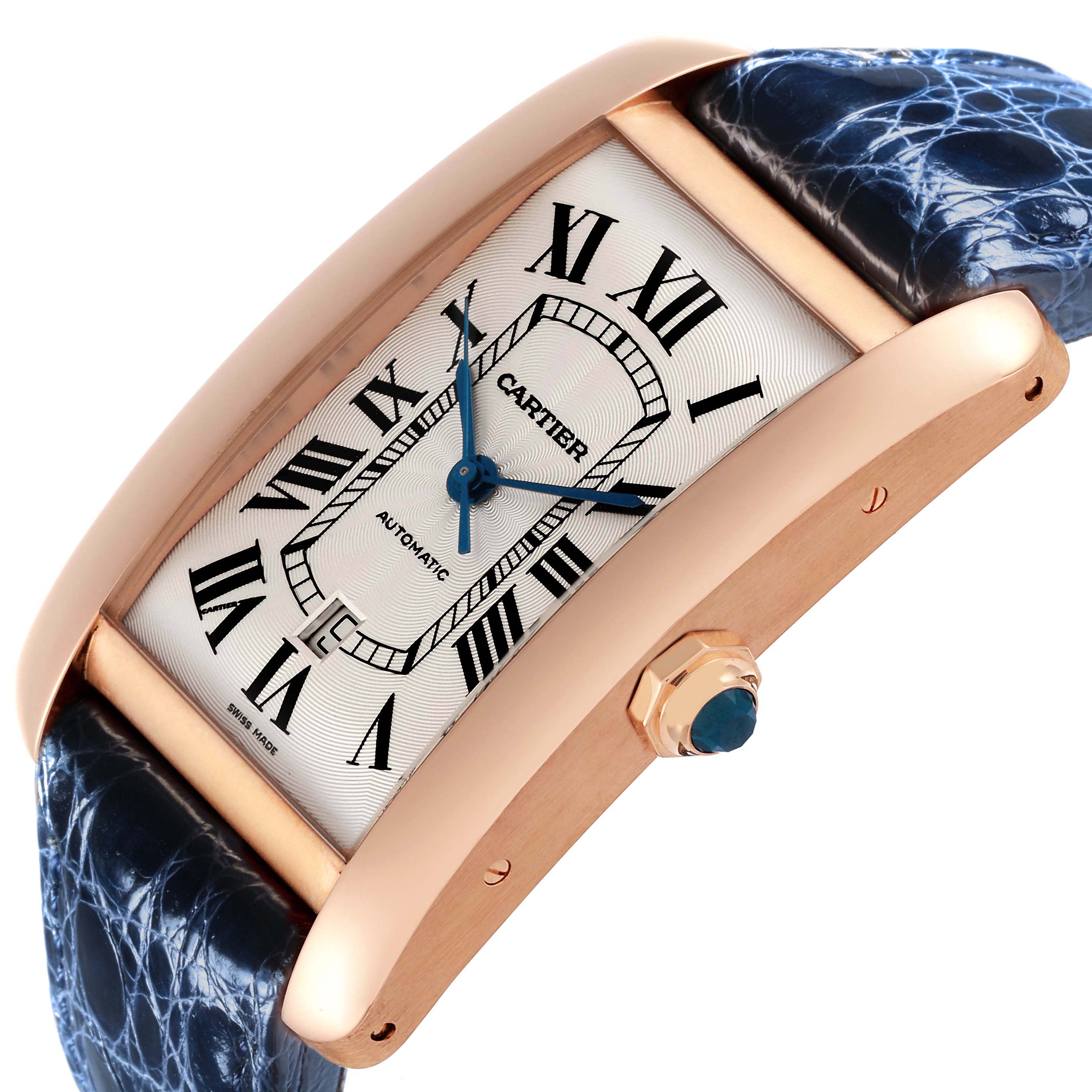 The Cartier Tank Americaine W2609856 Men's Rose Gold Silver Dial W2609856 Men's Rose Gold Silver Dial watch is shown at an angled close-up, highlighting the face and crown.