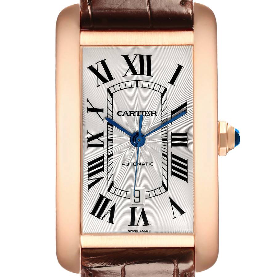 The Cartier Tank Americaine watch is shown from the front, highlighting its rectangular face, Roman numerals, and leather strap.