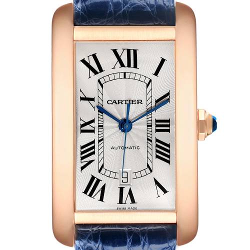 The Cartier Tank Americaine watch is shown from a front angle, featuring its dial and side crown.