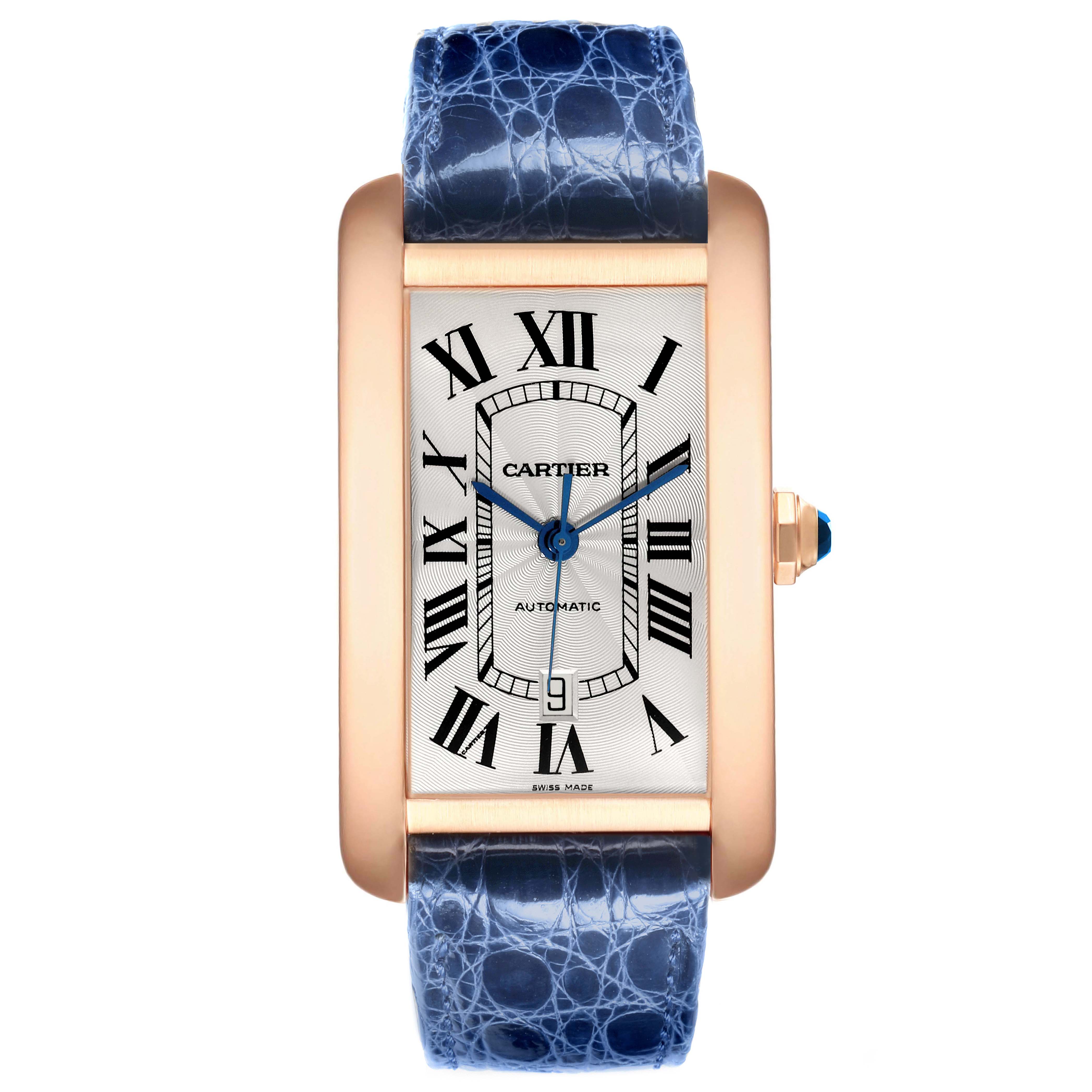 The Cartier Tank Américaine watch is shown from the front, displaying the face, case, and strap.