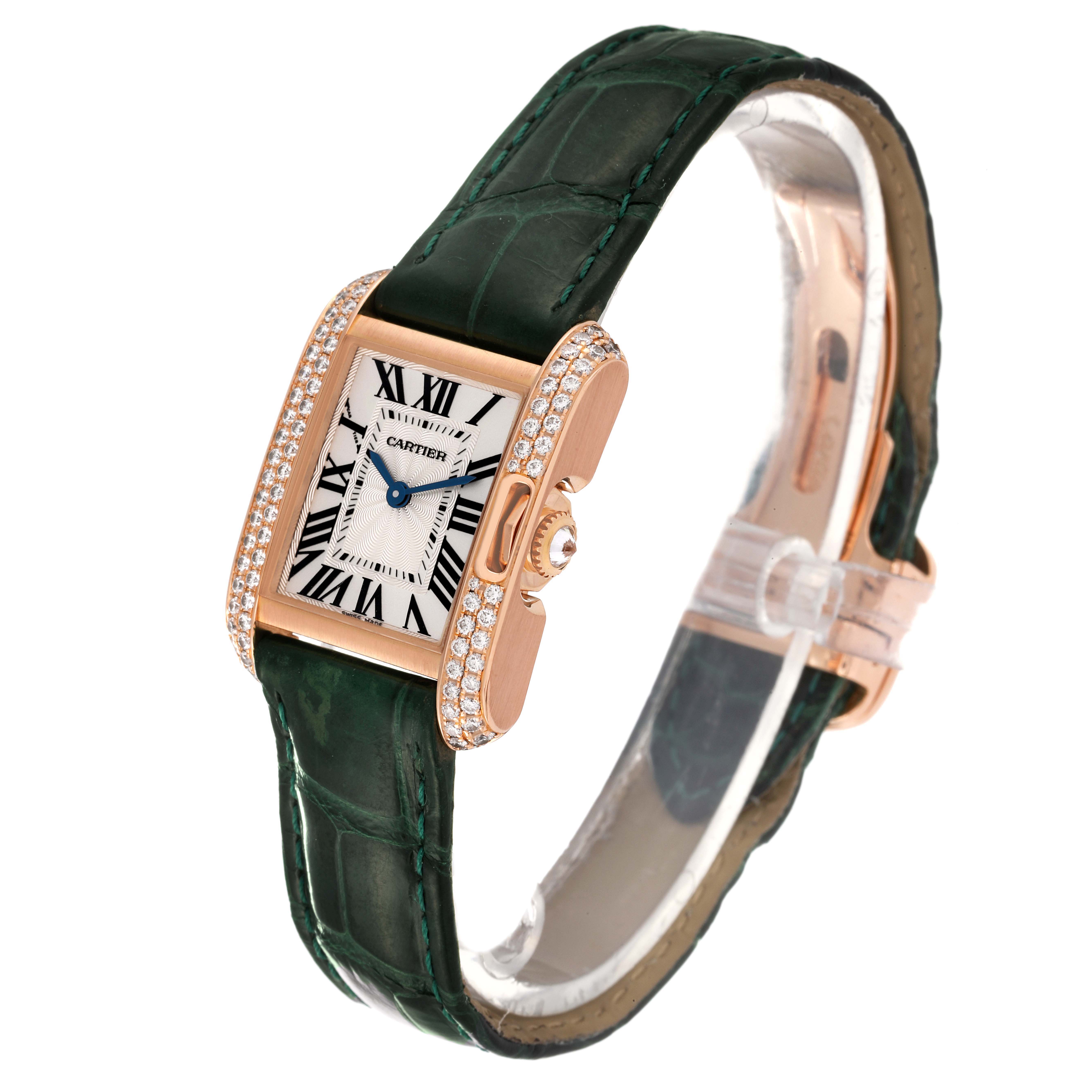 This Cartier Tank Anglaise WT100013 Women's Rose Gold Silver Dial WT100013 Women's Rose Gold Silver Dial watch is shown at a three-quarter angle, highlighting its face, bezel, and strap.