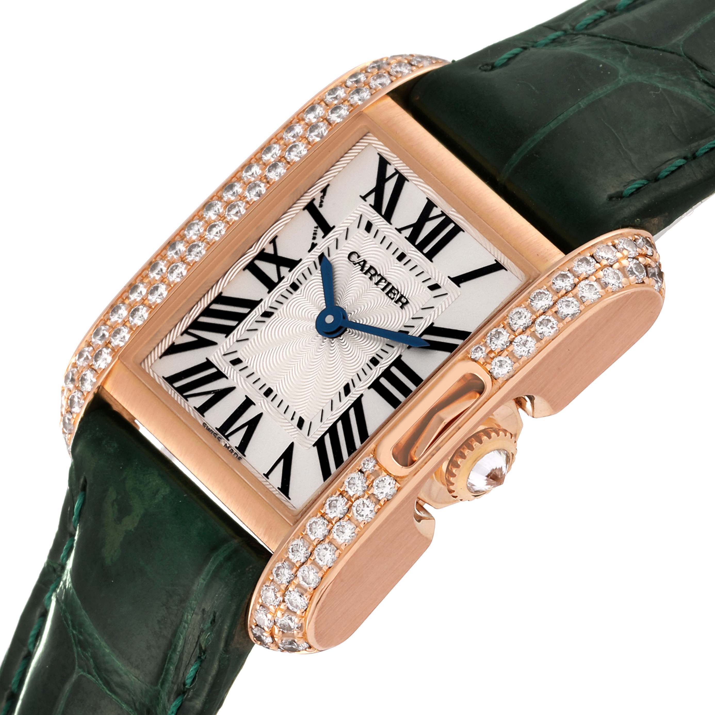 The Cartier Tank Anglaise WT100013 Women's Rose Gold Silver Dial WT100013 Women's Rose Gold Silver Dial watch is shown at an angled close-up featuring the face, crown, and part of the strap.