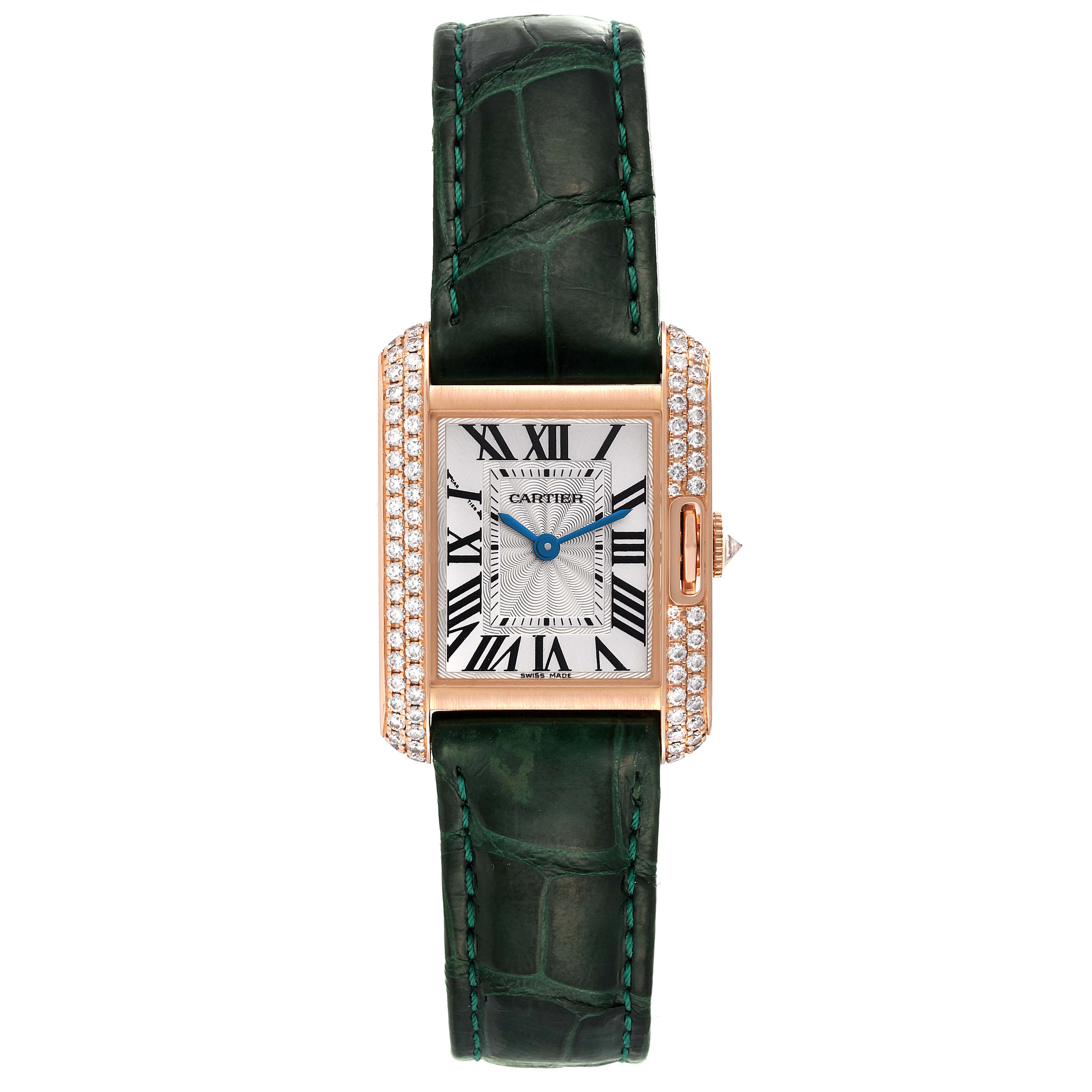 The image shows a Cartier Tank Anglaise WT100013 Women's Rose Gold Silver Dial WT100013 Women's Rose Gold Silver Dial watch with a green leather strap and a rectangular face encrusted with diamonds, viewed from the front.