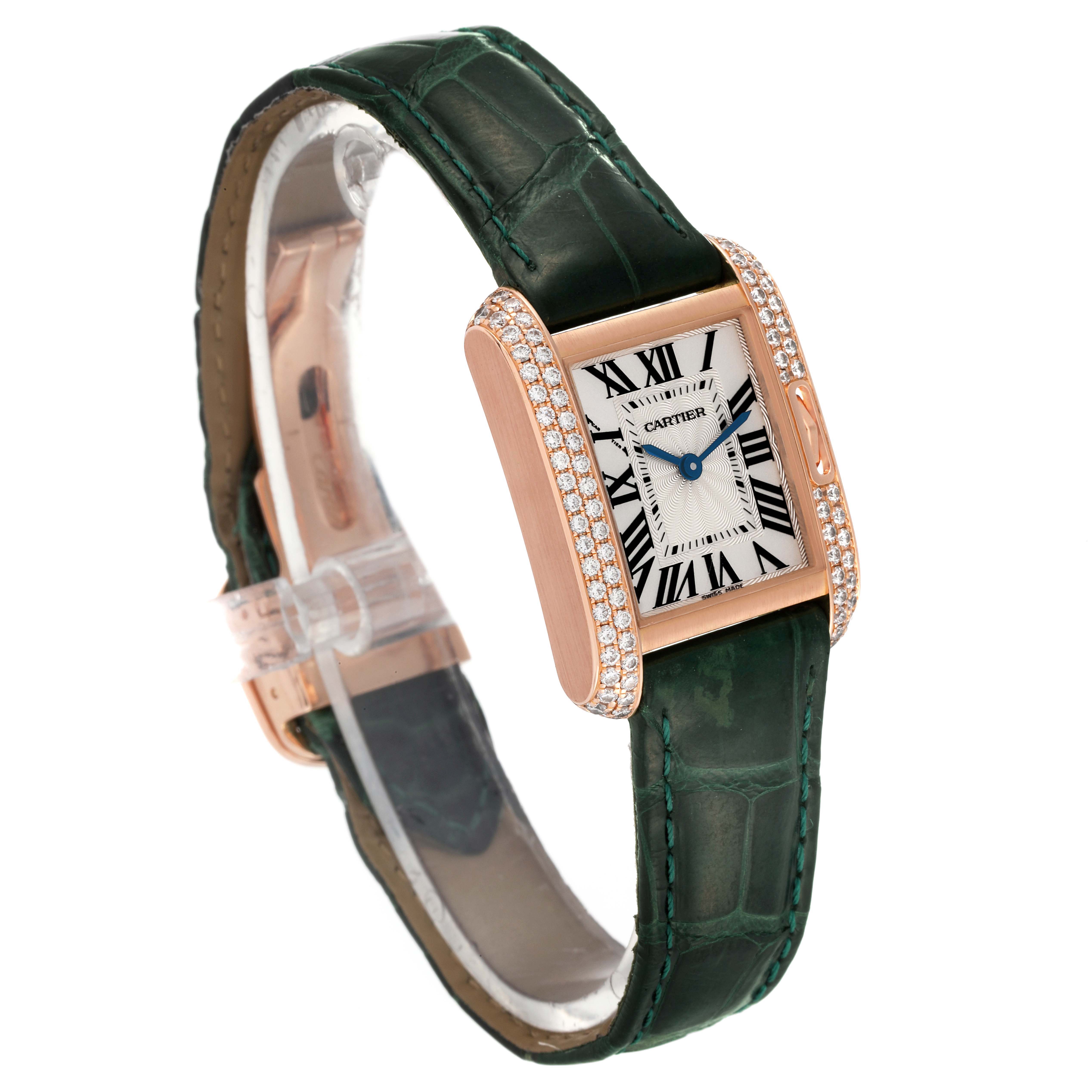 This image shows a Cartier Tank Anglaise WT100013 Women's Rose Gold Silver Dial WT100013 Women's Rose Gold Silver Dial watch from a left angle, highlighting the face, bezel, and green leather strap.