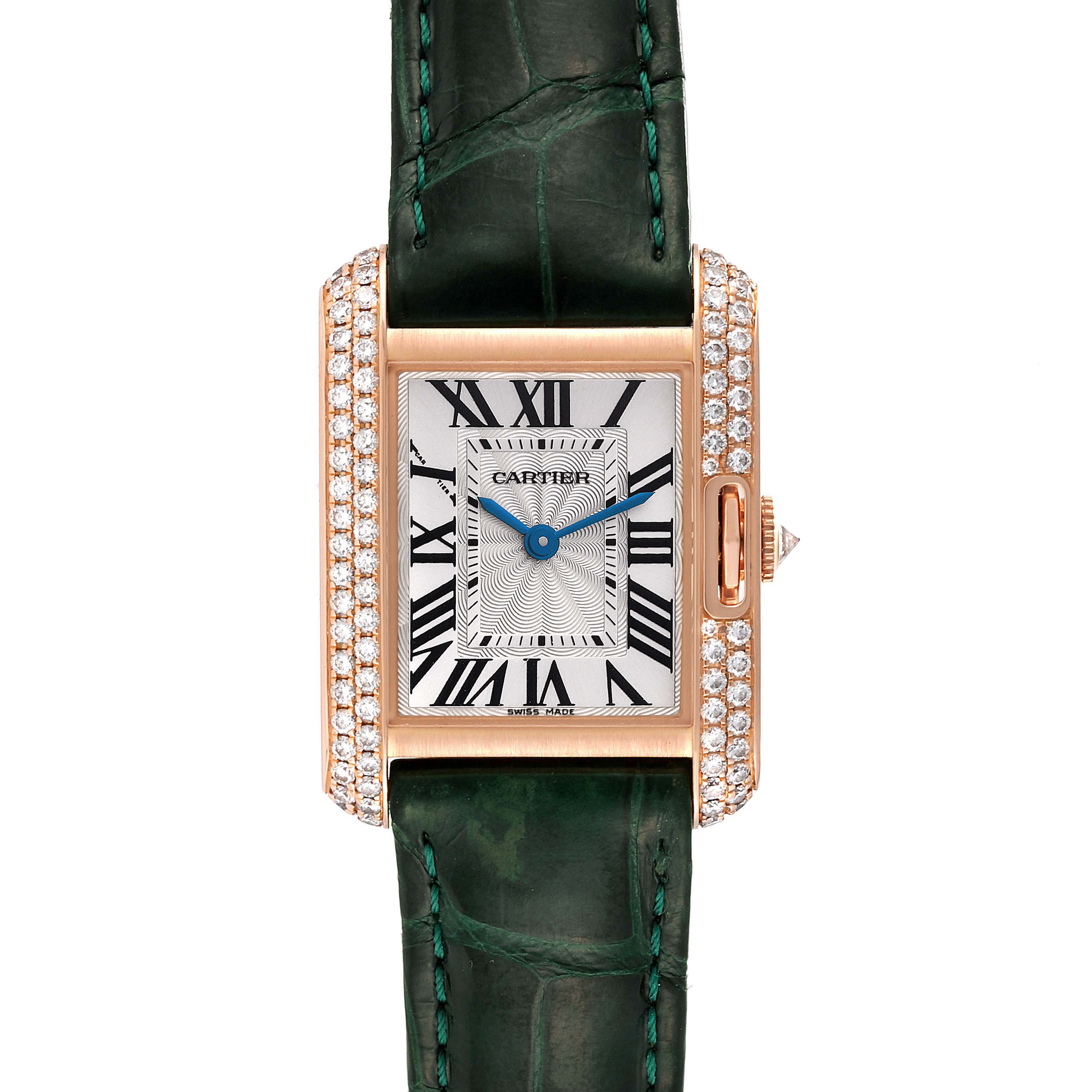 The image shows a frontal view of the Tank Anglaise model by Cartier, highlighting its rectangular face, Roman numerals, and green leather strap.