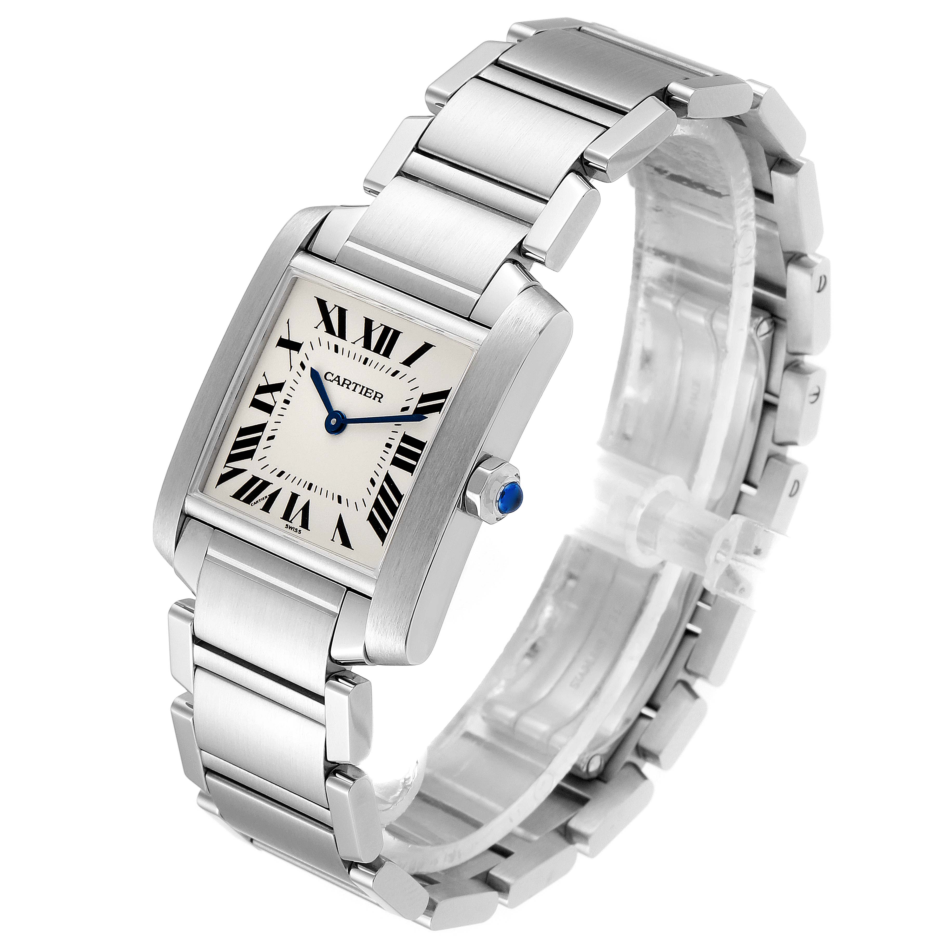 The image shows a Cartier Tank Française watch at a slight angle displaying the face, bracelet, and crown.