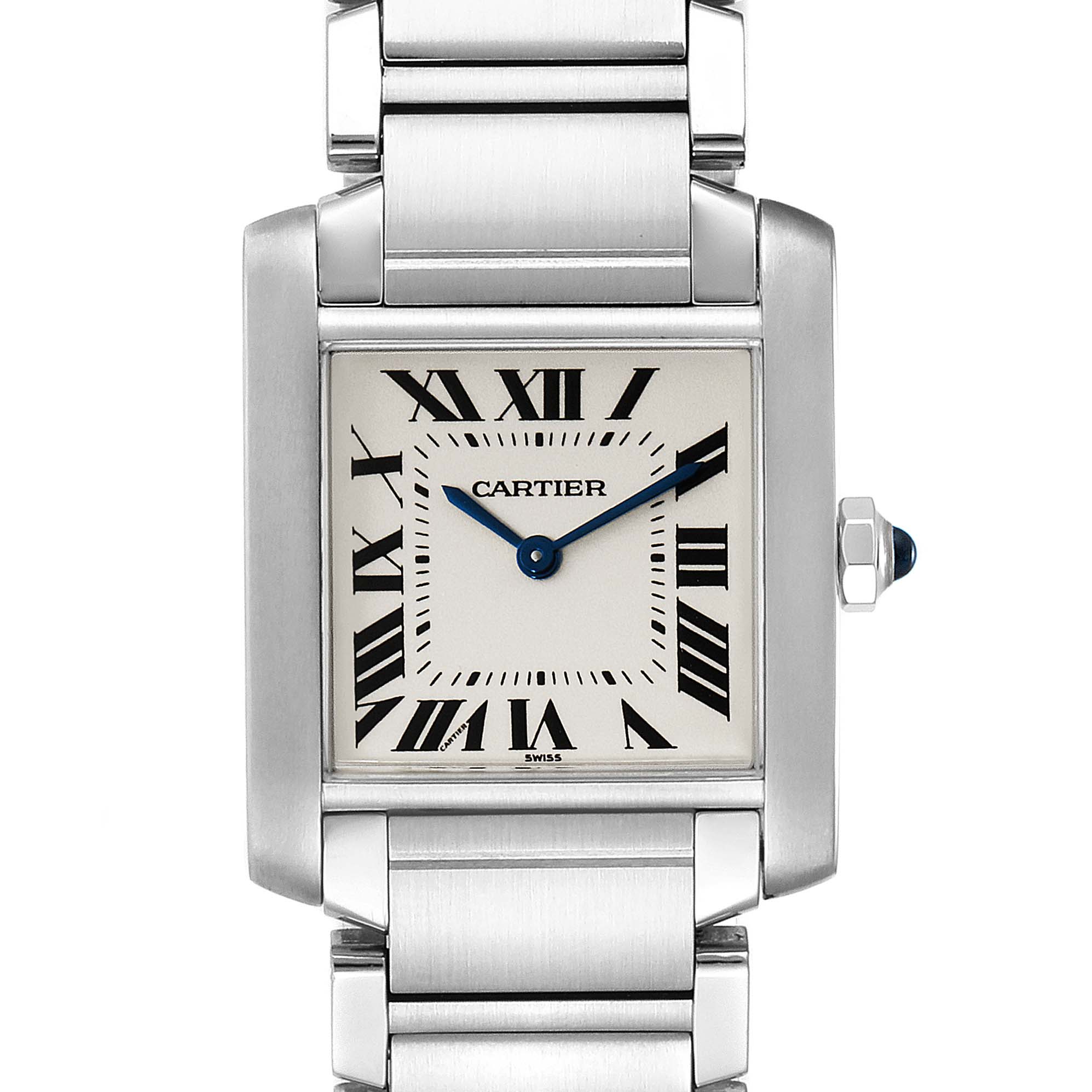This image shows a head-on view of the Cartier Tank Francaise WSTA0005 Women
s Stainless Steel Silver Dial WSTA0005 Women
s Stainless Steel Silver Dial watch, highlighting the face, bezel, and part of the bracelet.