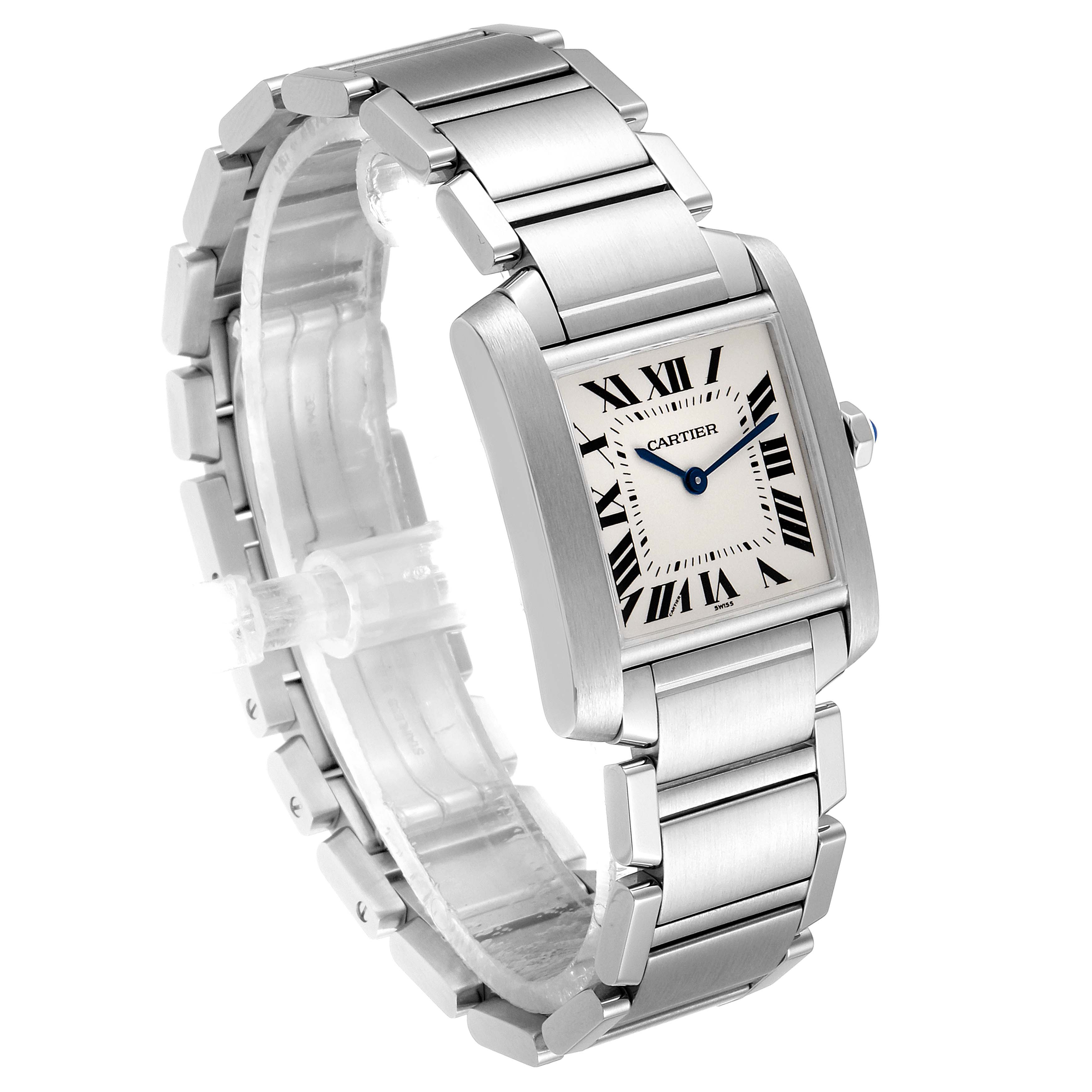 The Cartier Tank Francaise WSTA0005 Women
s Stainless Steel Silver Dial WSTA0005 Women
s Stainless Steel Silver Dial watch is shown at a three-quarter angle, showcasing the face, crown, bracelet, and clasp.